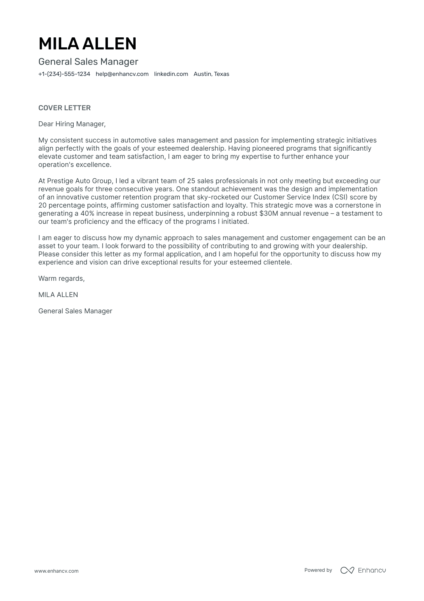 short cover letter for sales manager