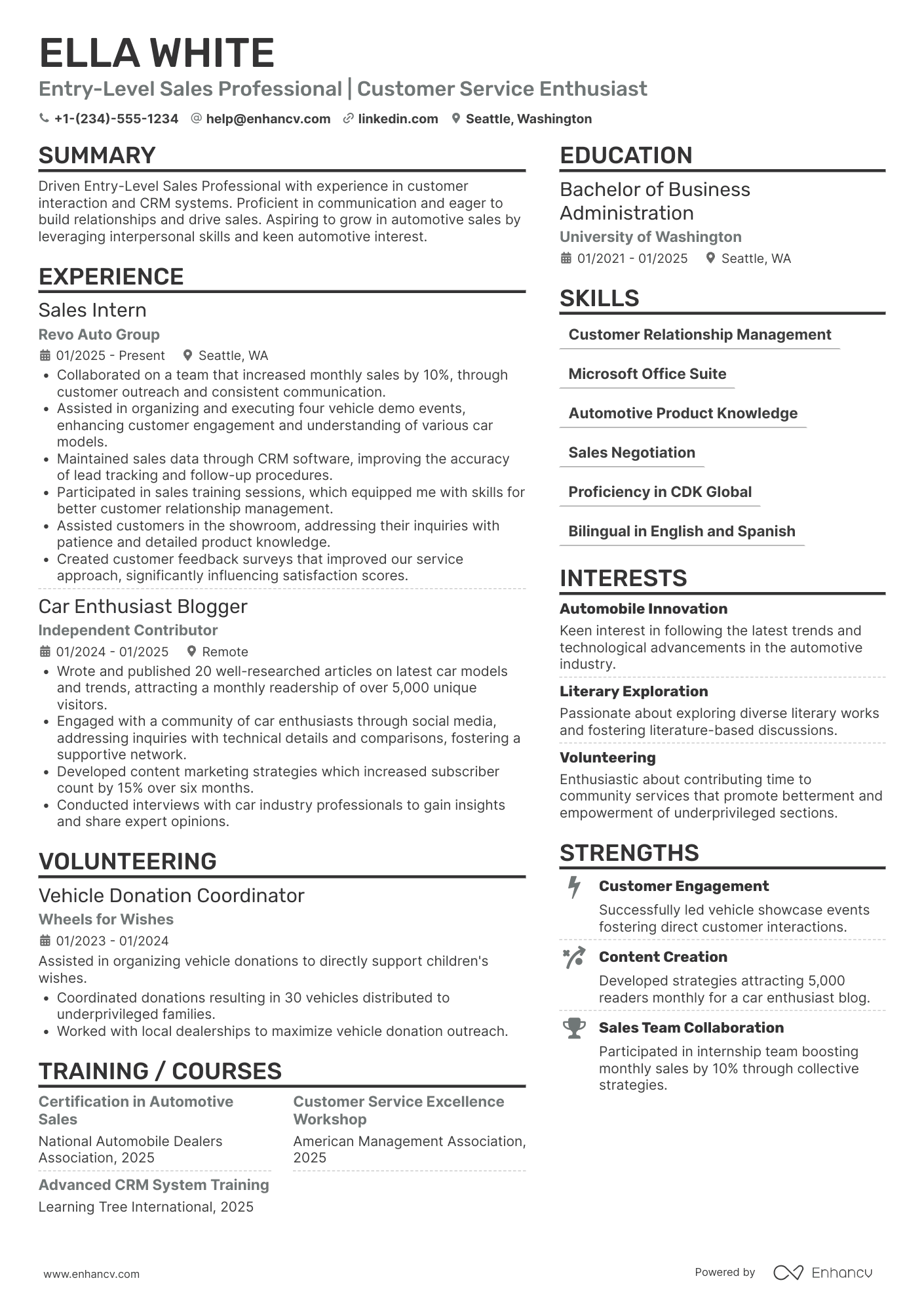 A resume example of a Entry Level Car Salesman