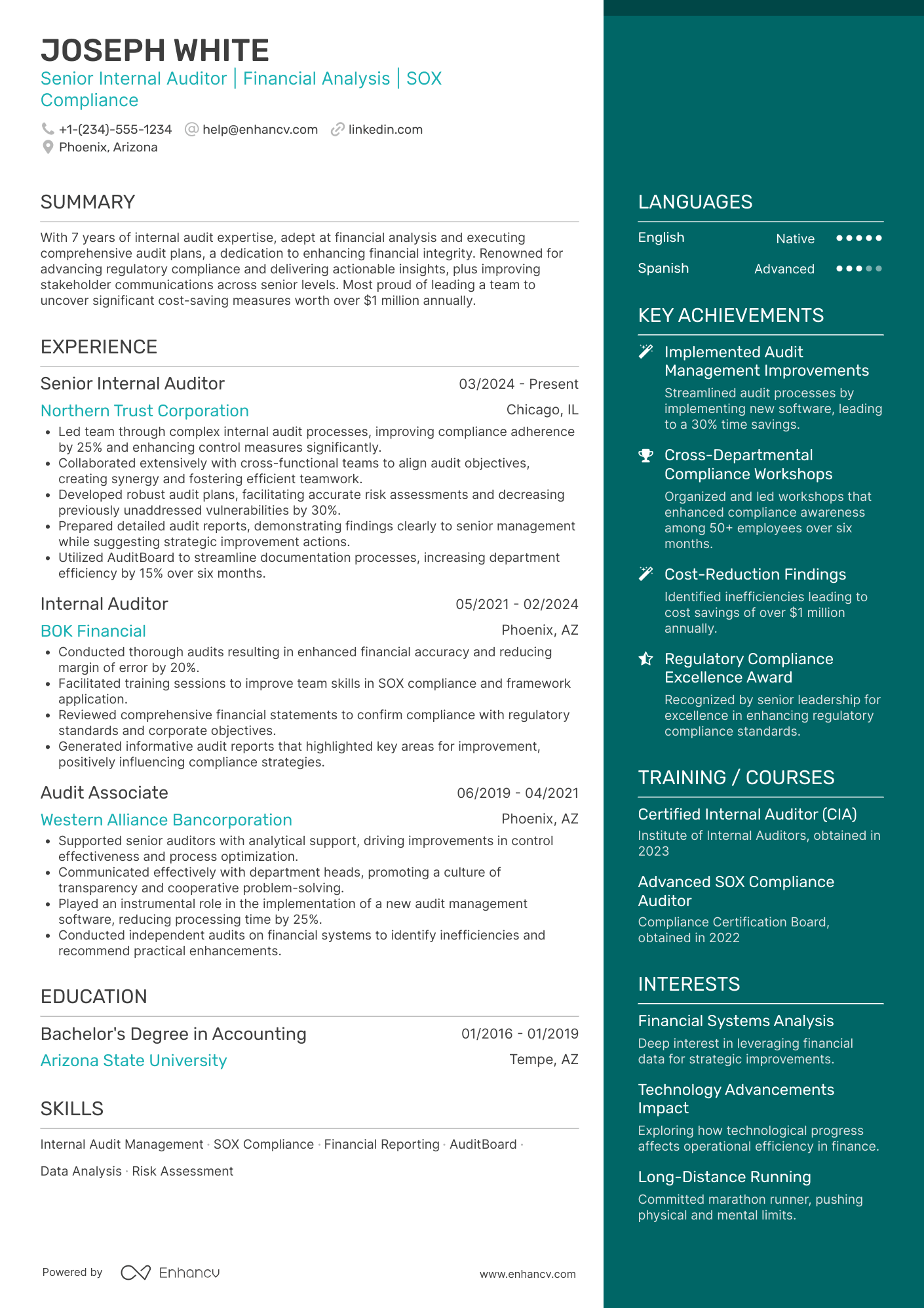 A resume example of a Senior Internal Auditor