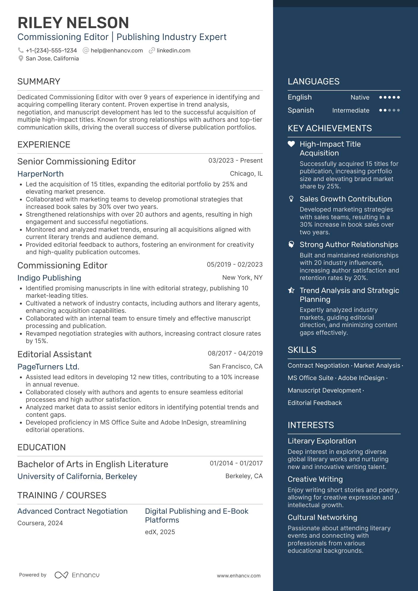 A resume example of a Commissioning Editor