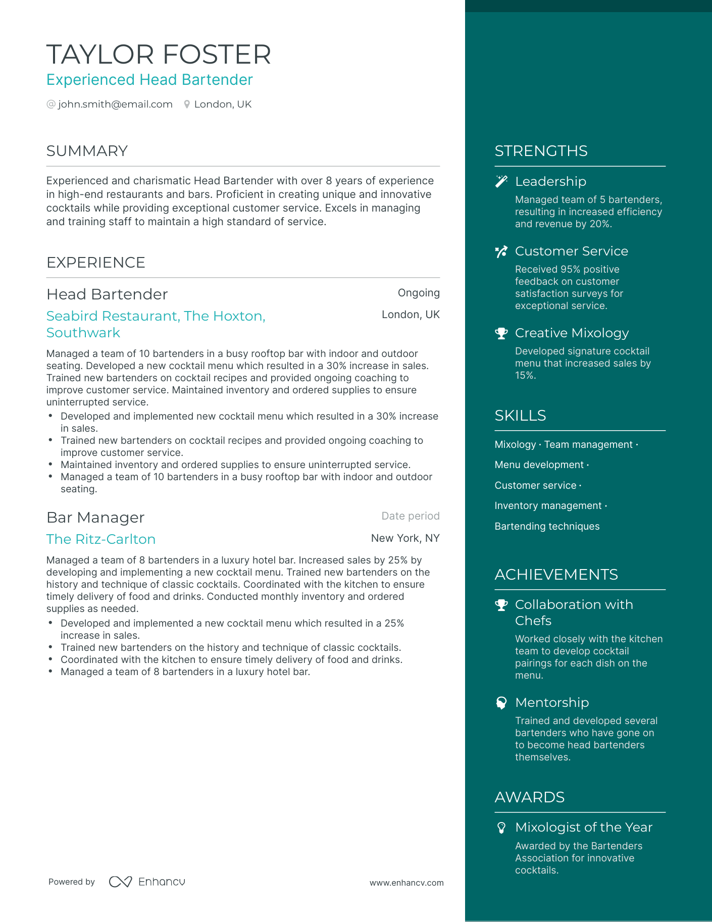 One Page Head Bartender Resume Template