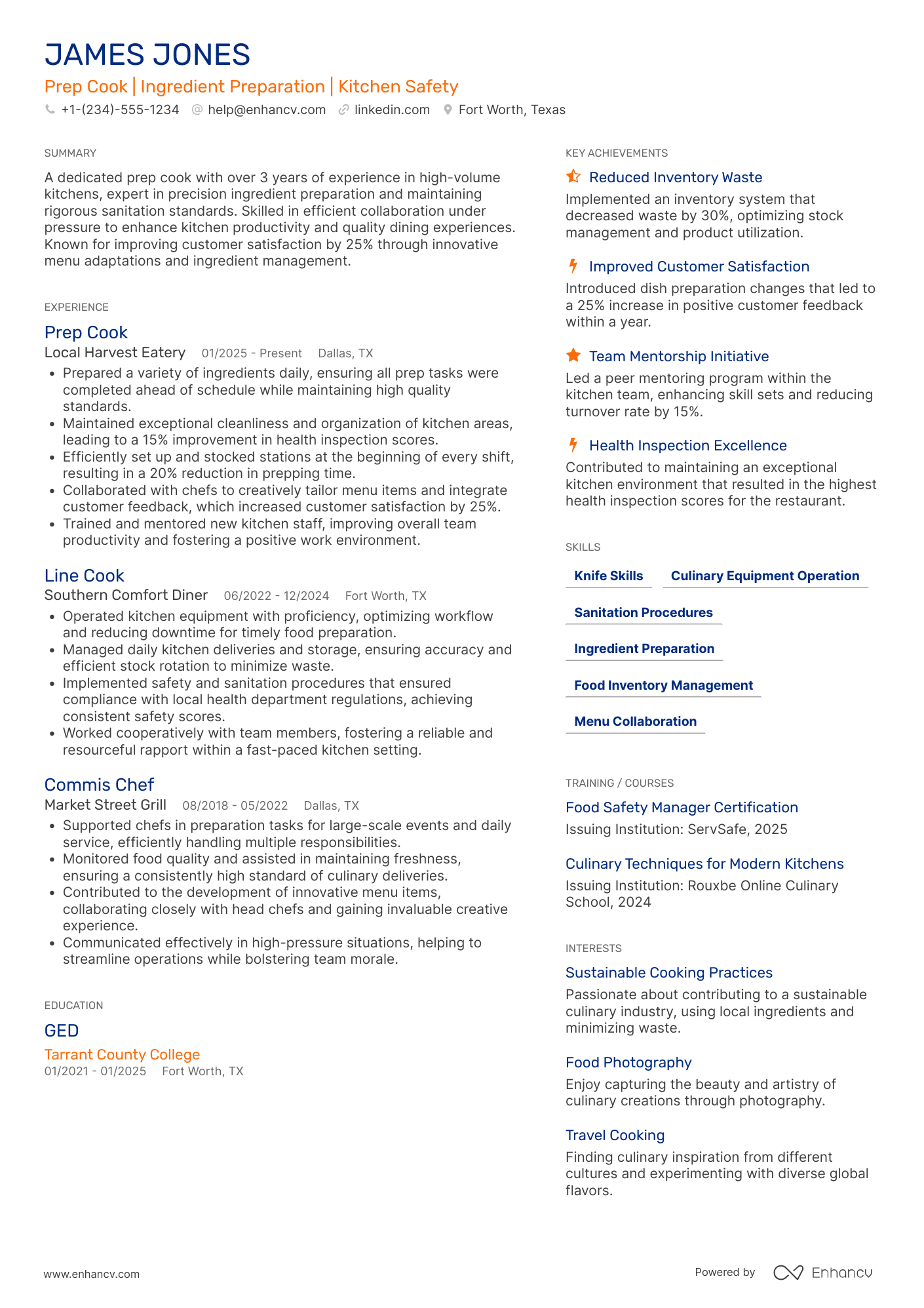 A resume example of a Experienced Prep Cook