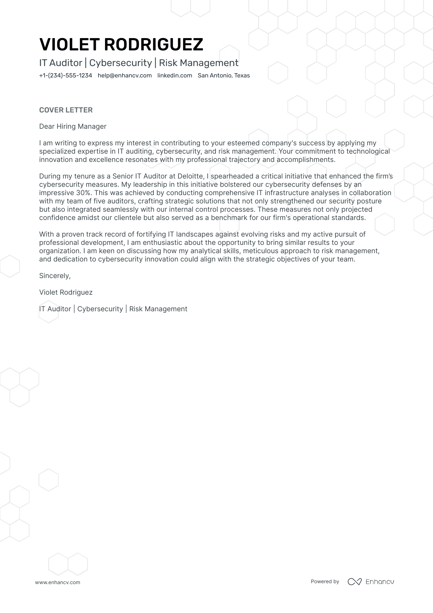 cover letter for it auditor position