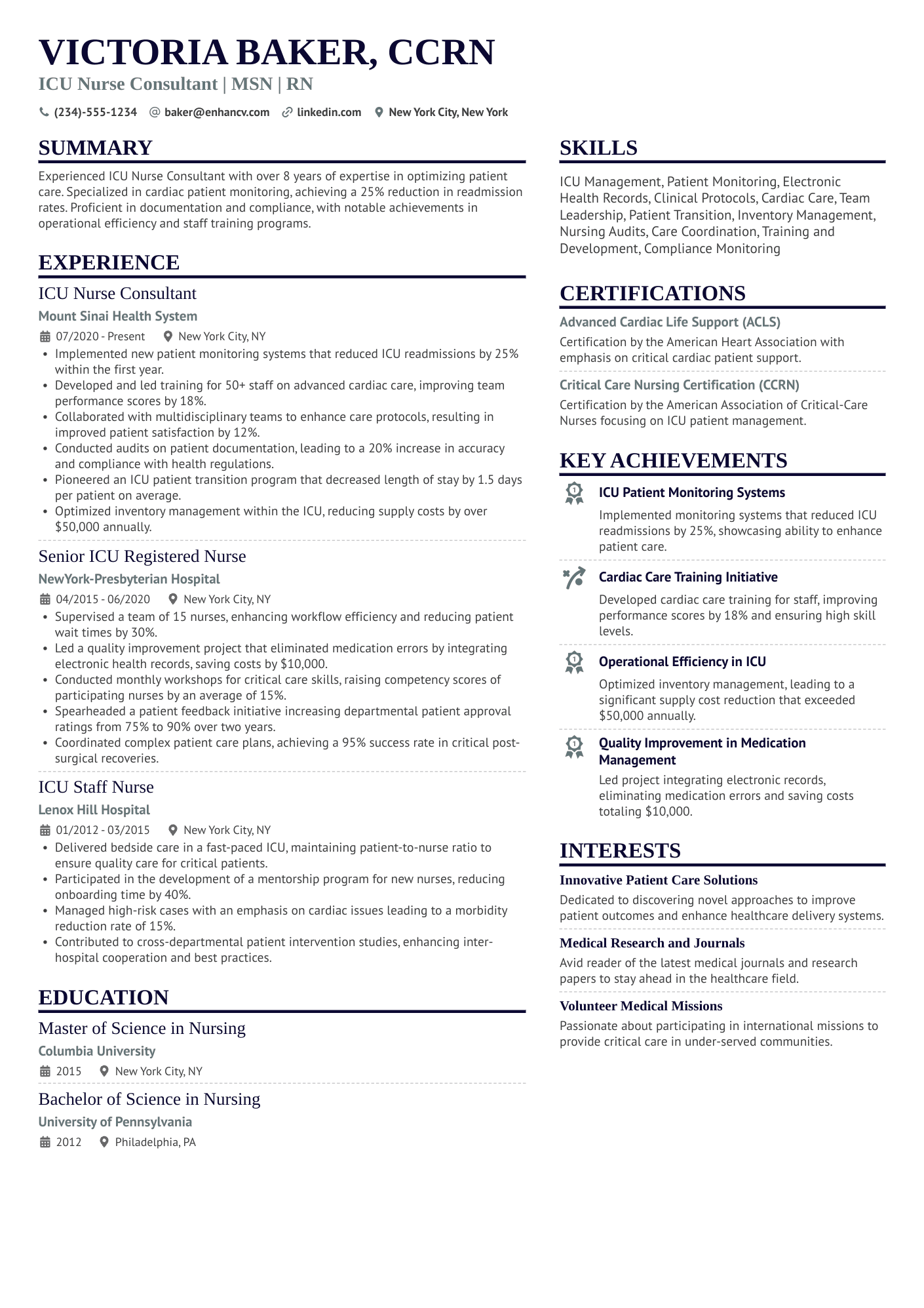 A resume example of a ICU Nurse Consultant