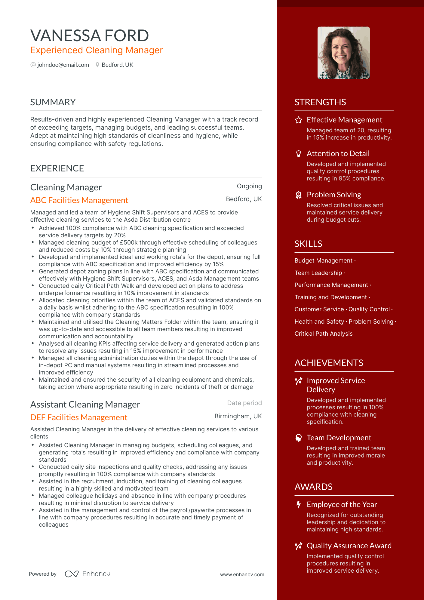 One Page Cleaning Manager Resume Template