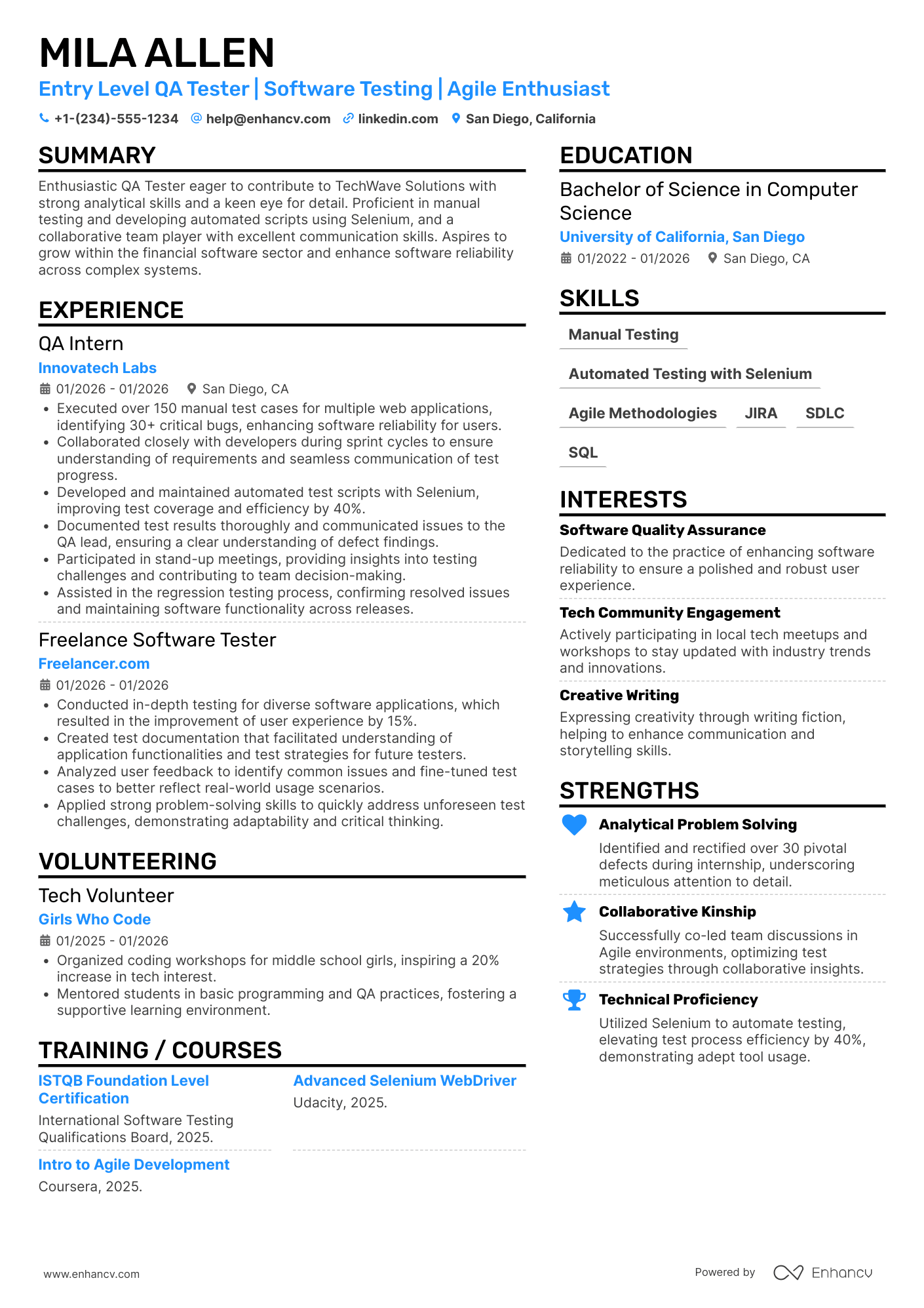A resume example of a Entry Level QA Tester