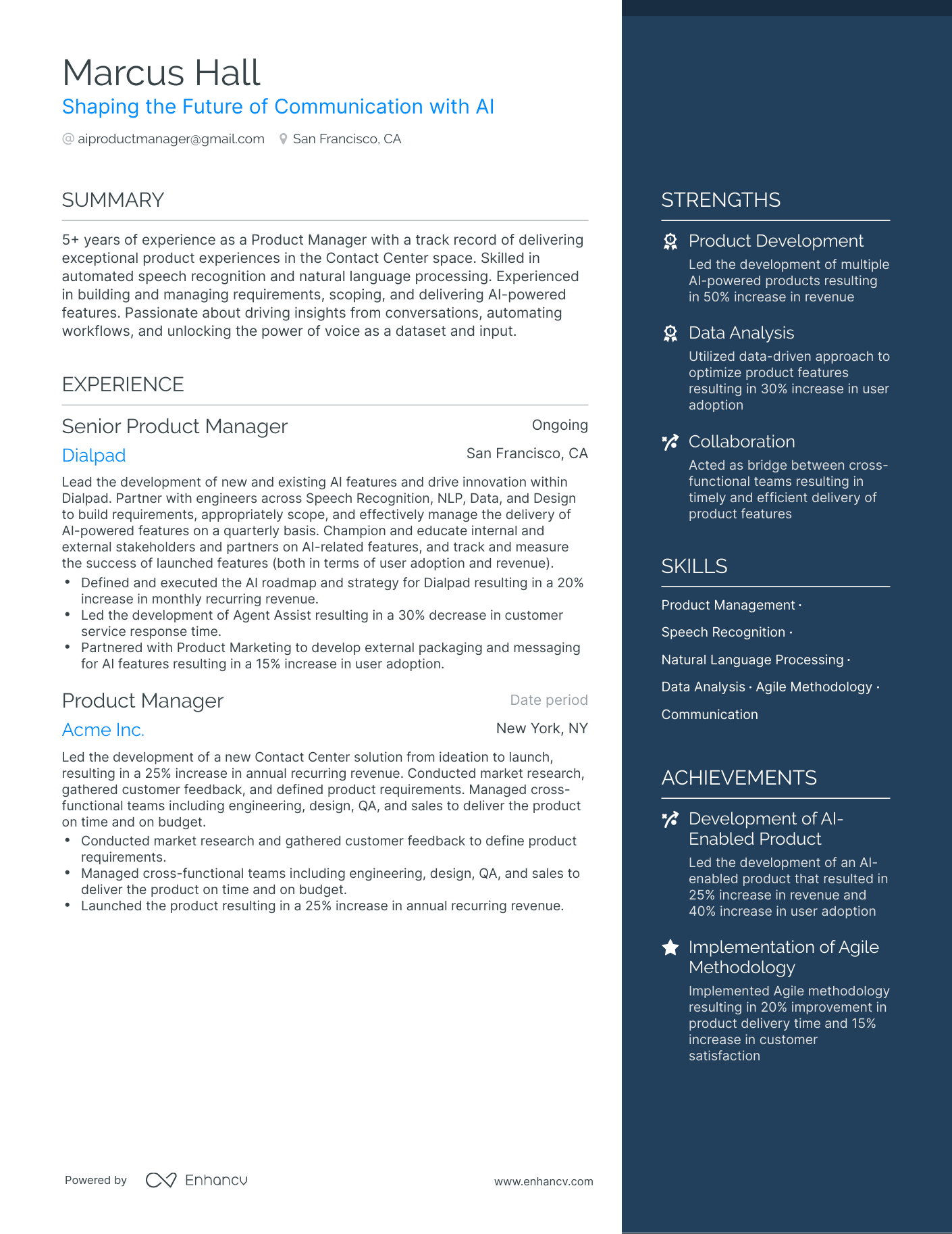 One Page AI Product Manager Resume Template
