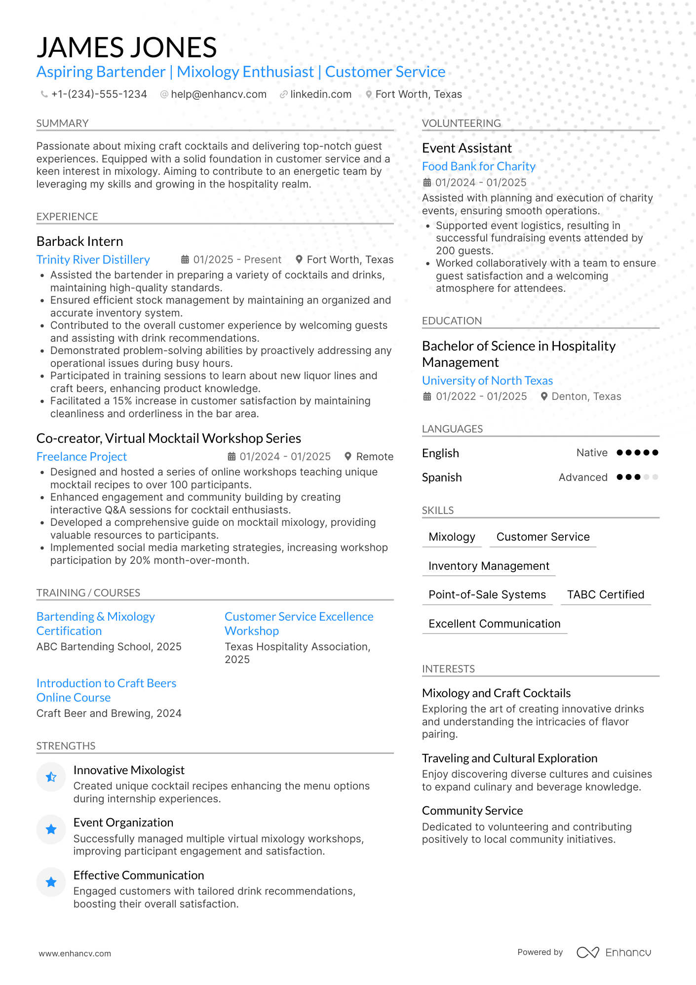 A resume example of a Entry Level Bartender