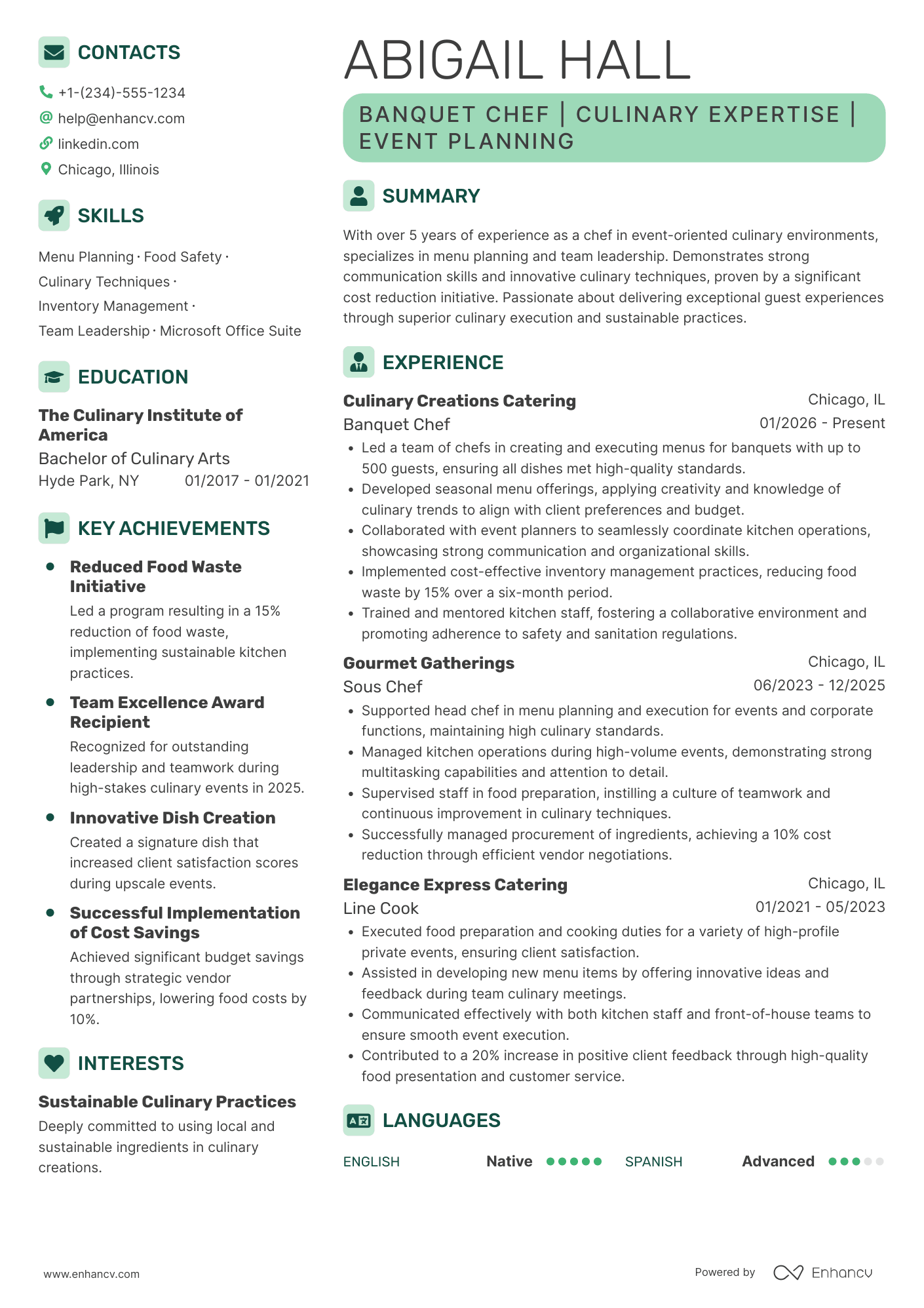 A resume example of a Banquet Chef