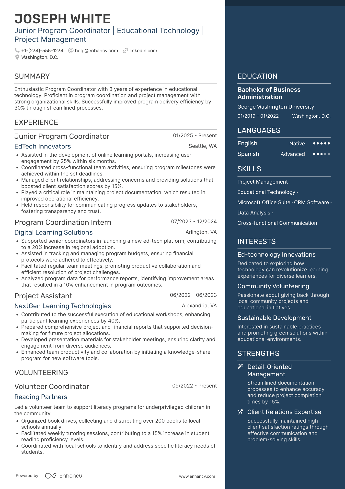 A resume example of a Junior Program Coordinator