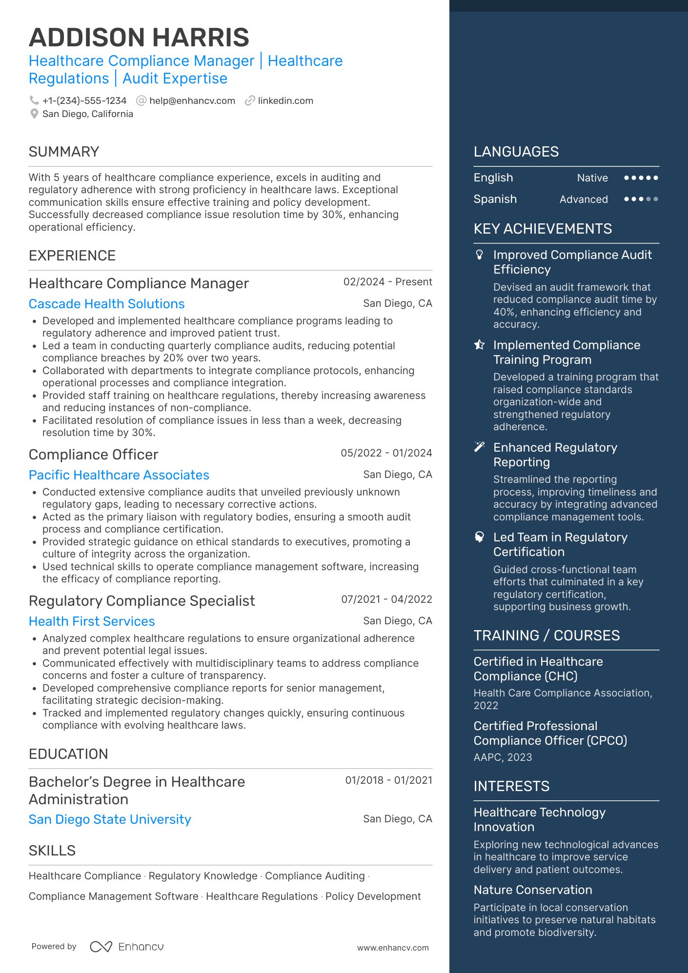 A resume example of a Healthcare Compliance Manager