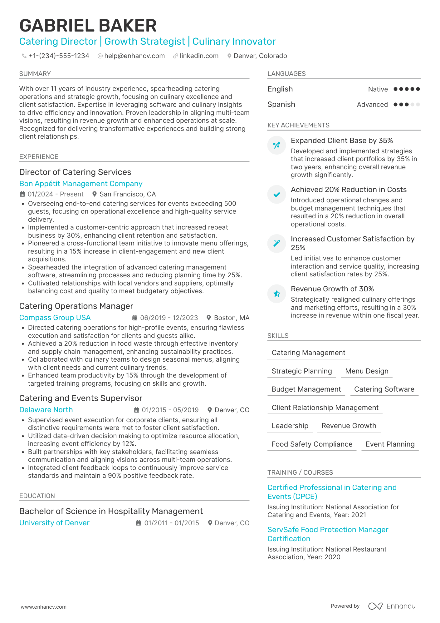 A resume example of a Catering Director