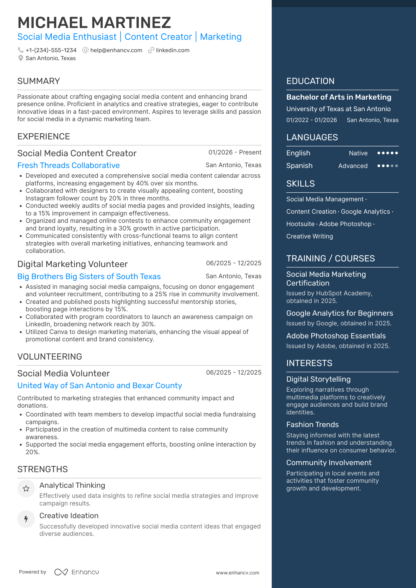 A resume example of a Social Media Marketing Intern