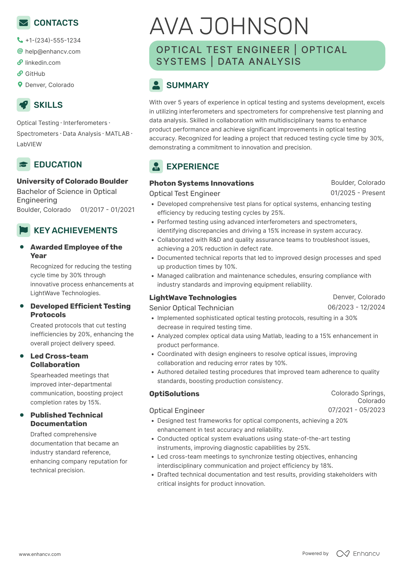A resume example of a Optical Test Engineer