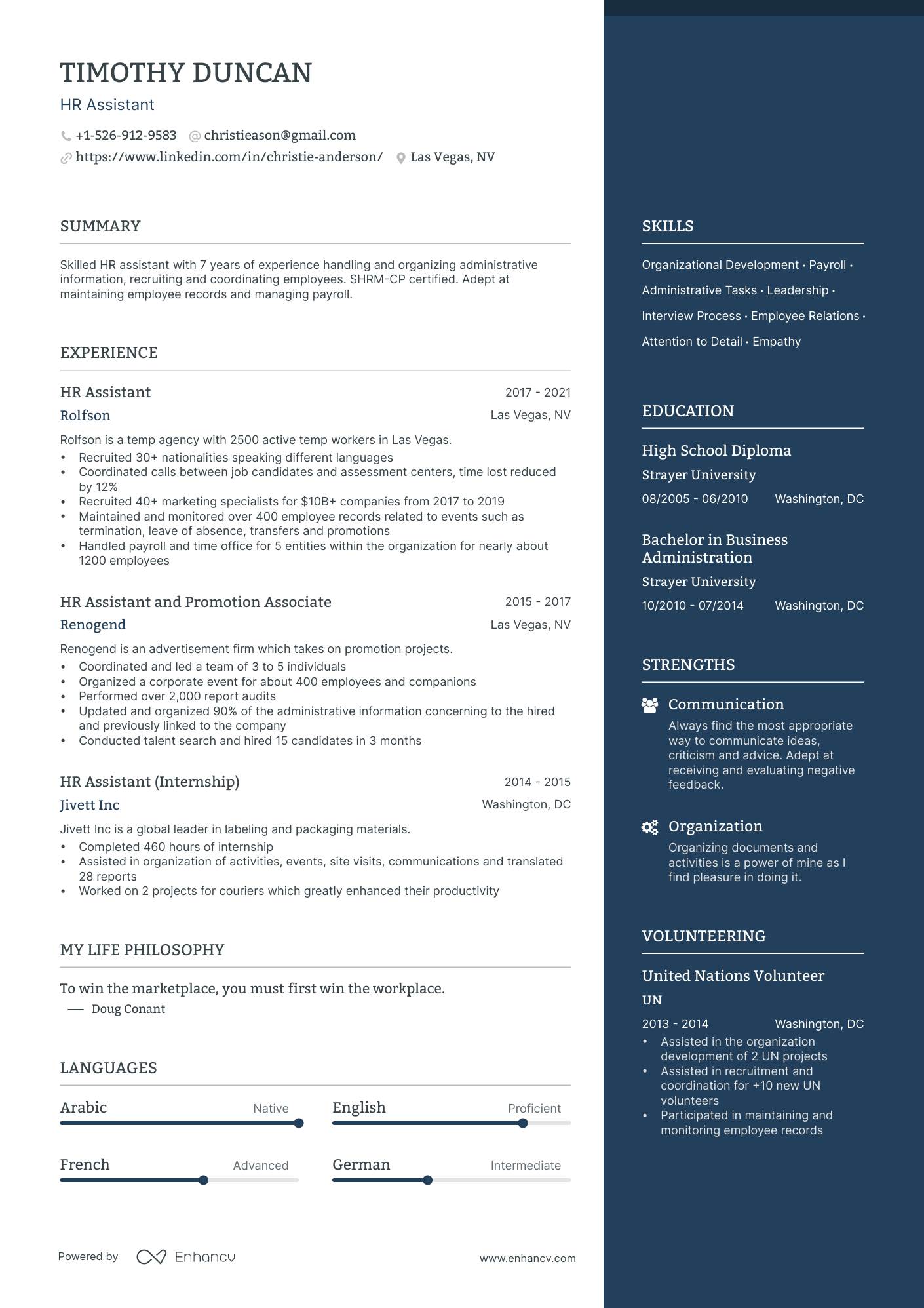 resume sample of hr assistant