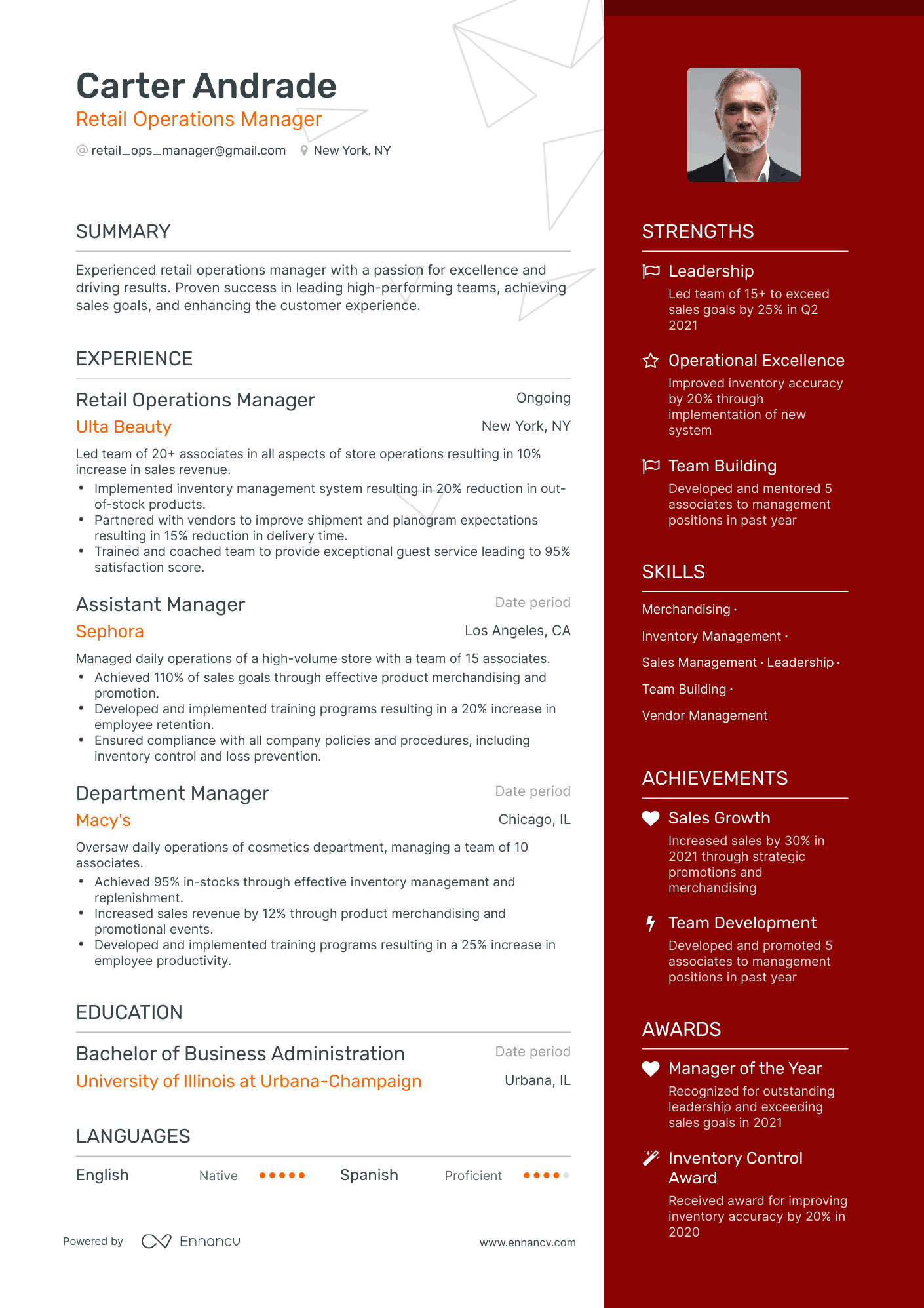 One Page Retail Operations Manager Resume Template