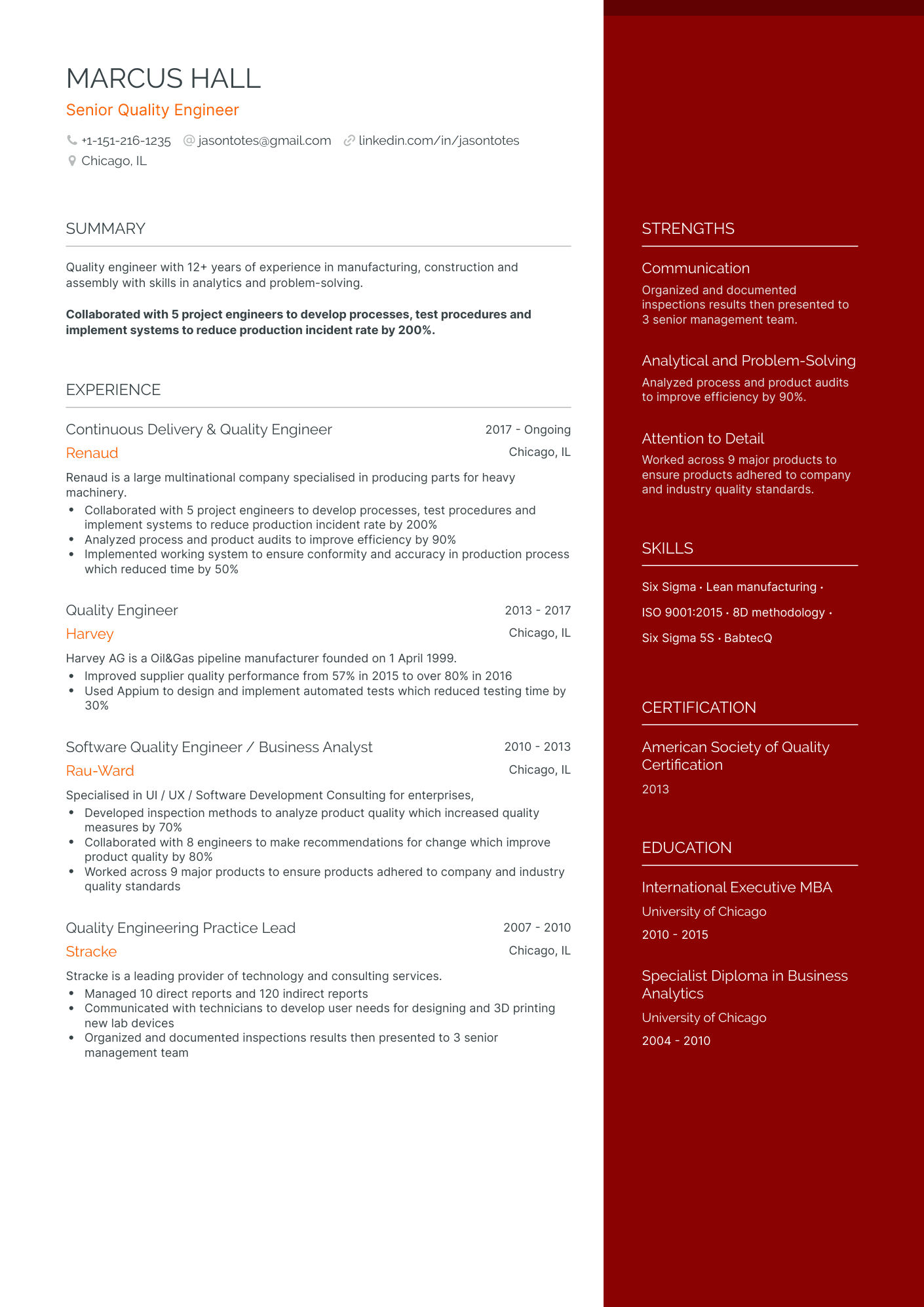 One Page Quality Engineer Resume Template