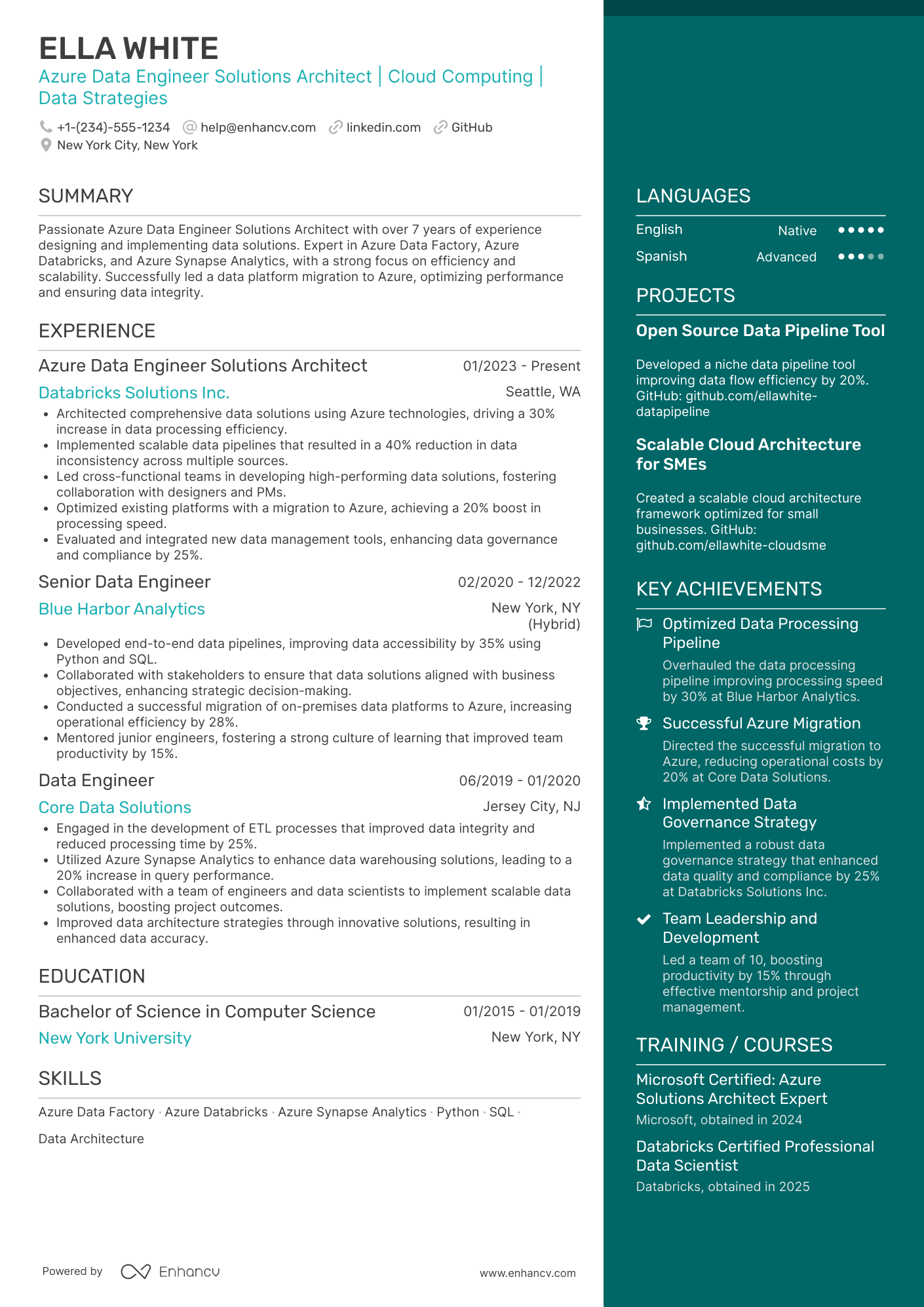 A resume example of a Azure Data Engineer Solutions Architect