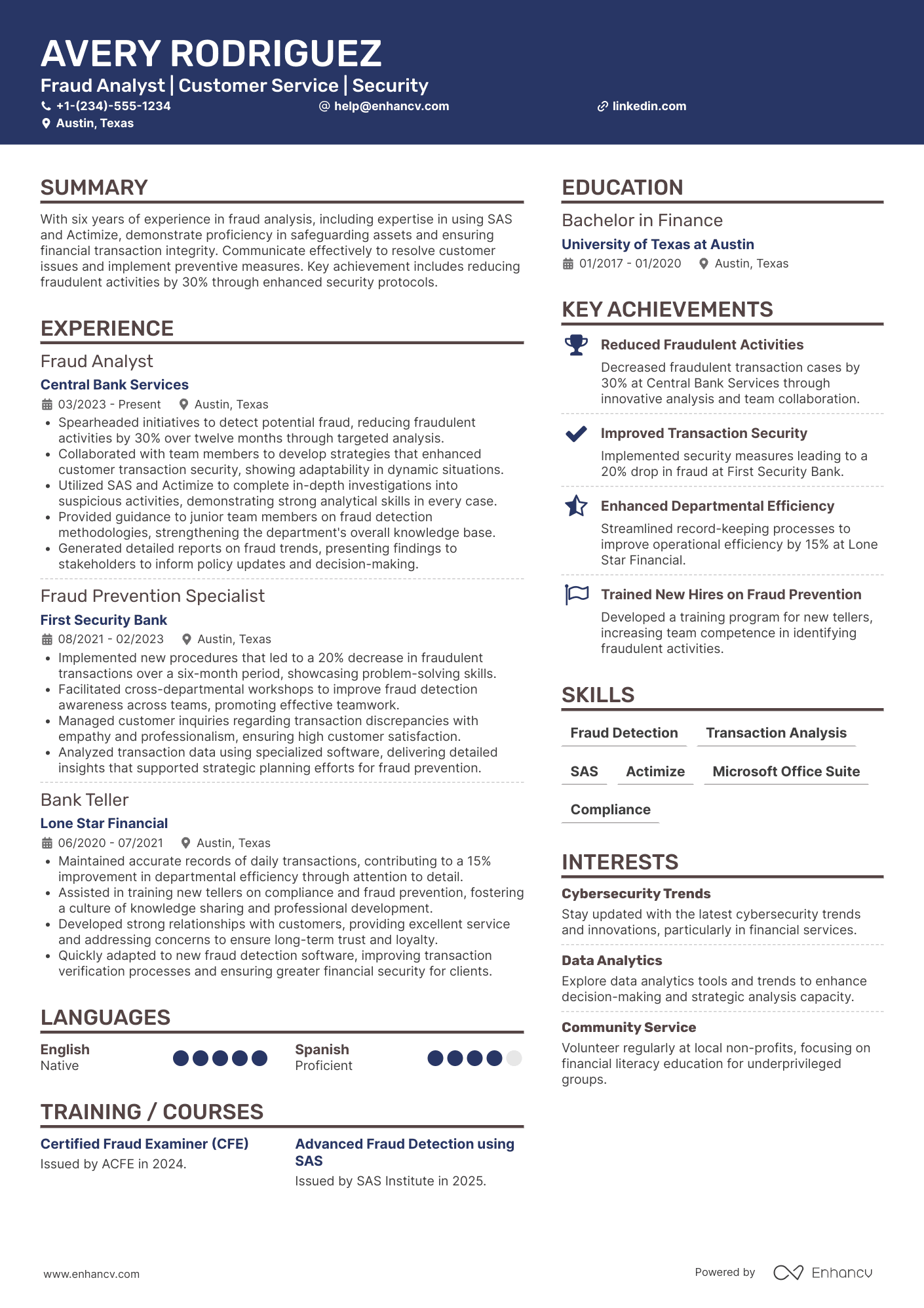 A resume example of a Bank Teller Fraud Analyst