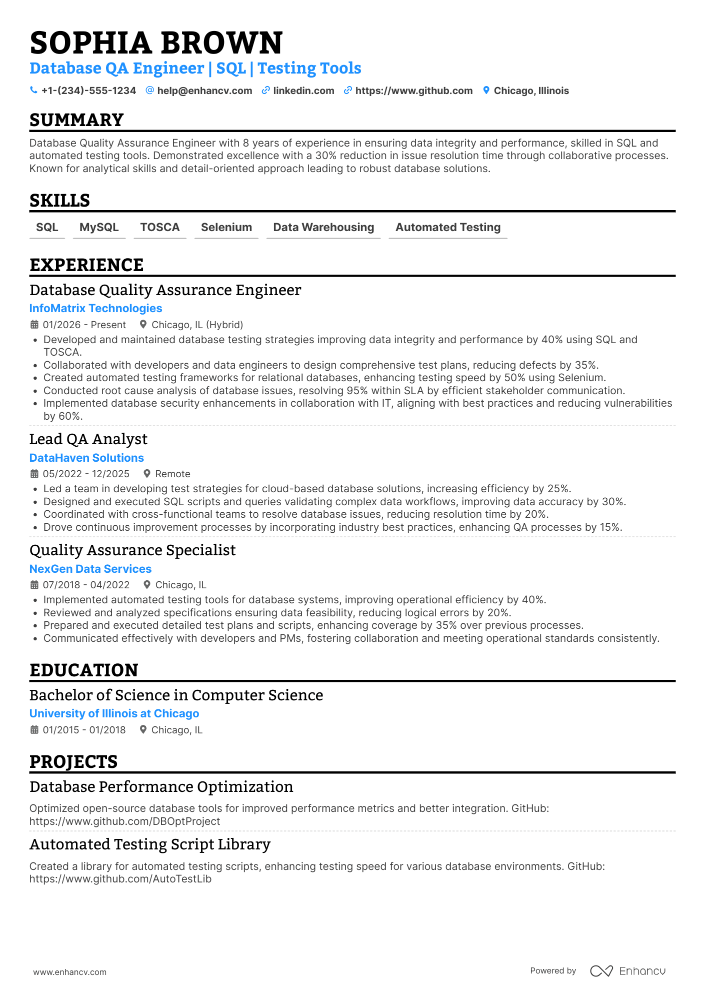 A resume example of a Database Quality Assurance Engineer