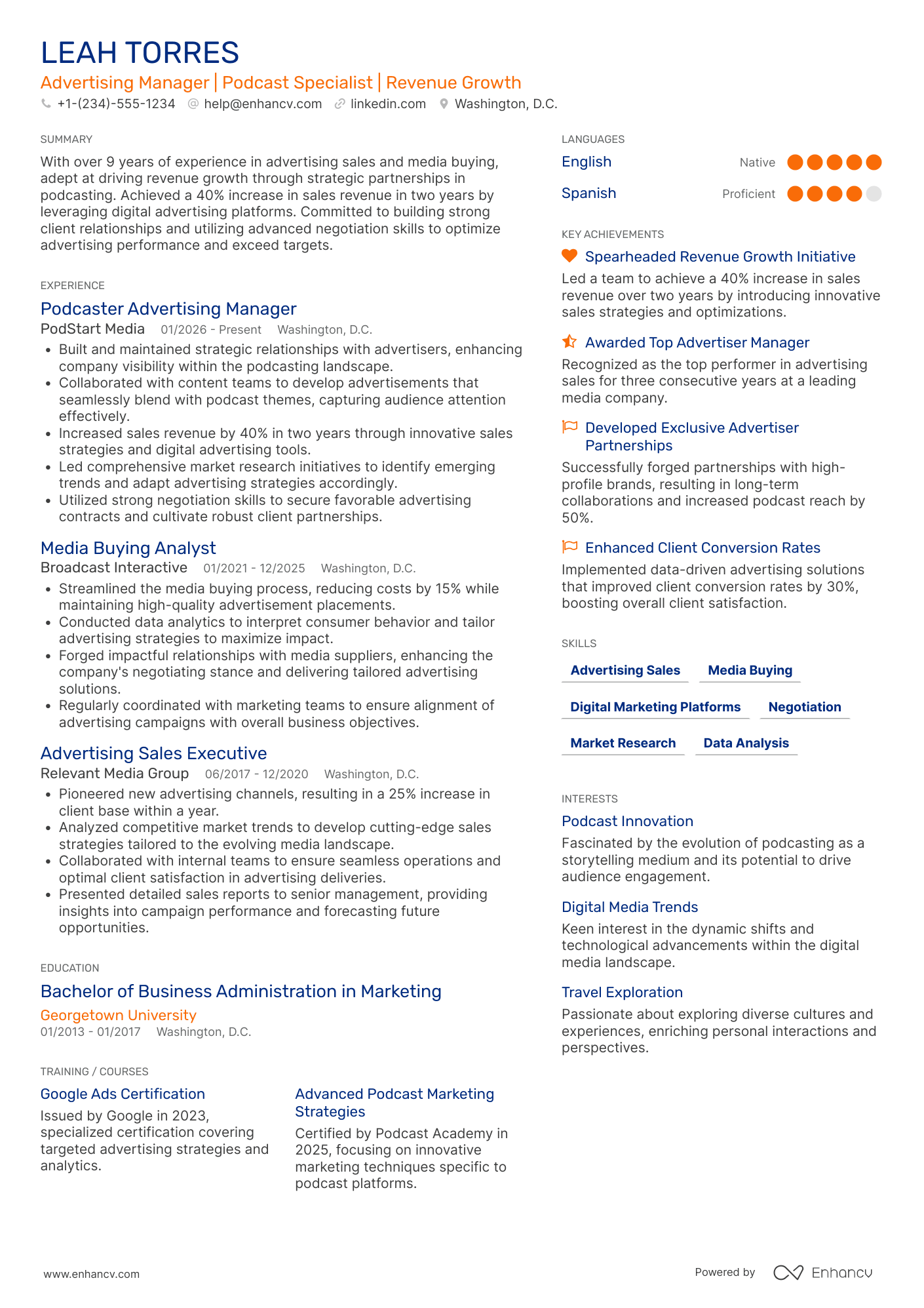 A resume example of a Podcaster Advertising Manager