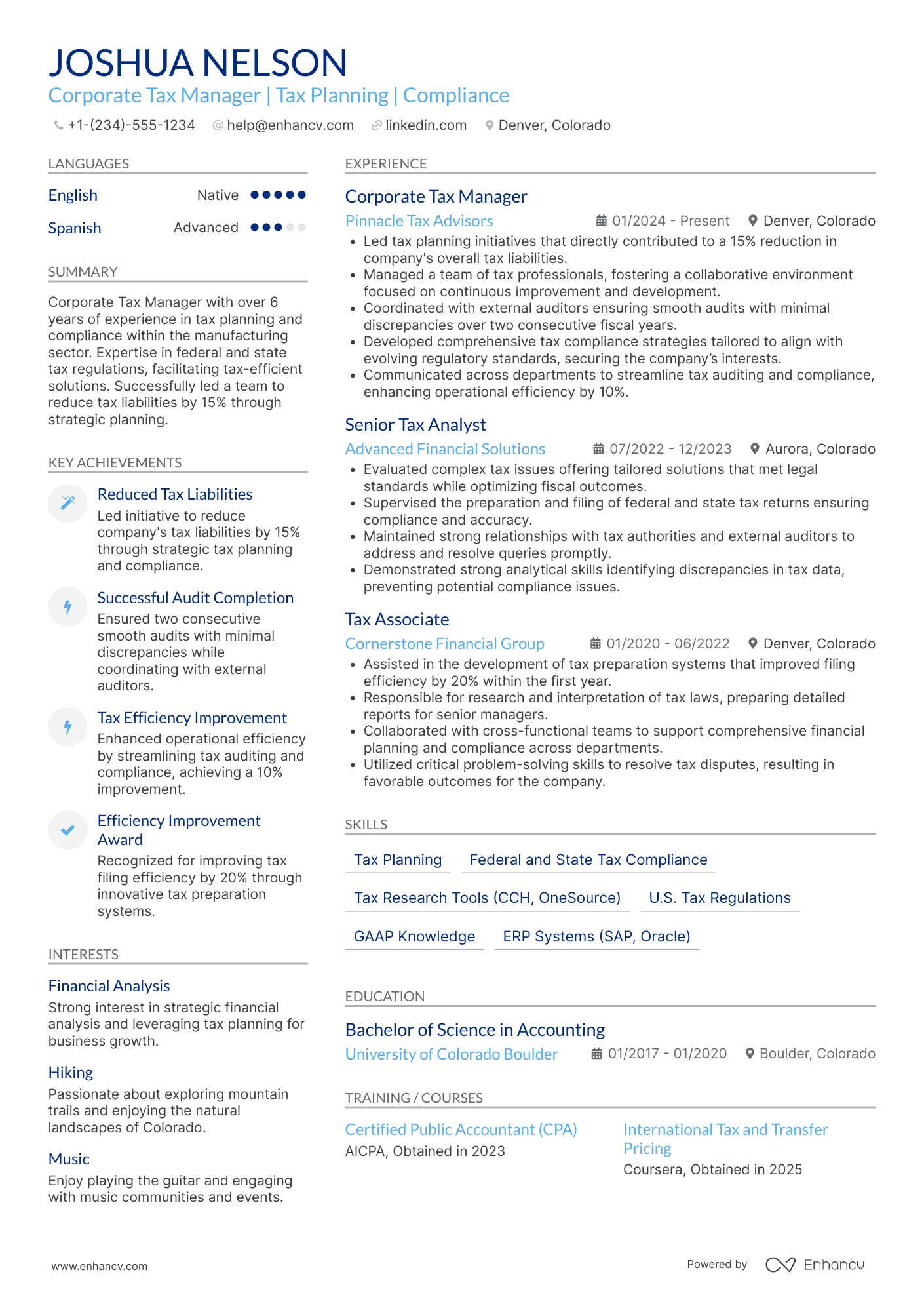 A resume example of a Corporate Tax Manager