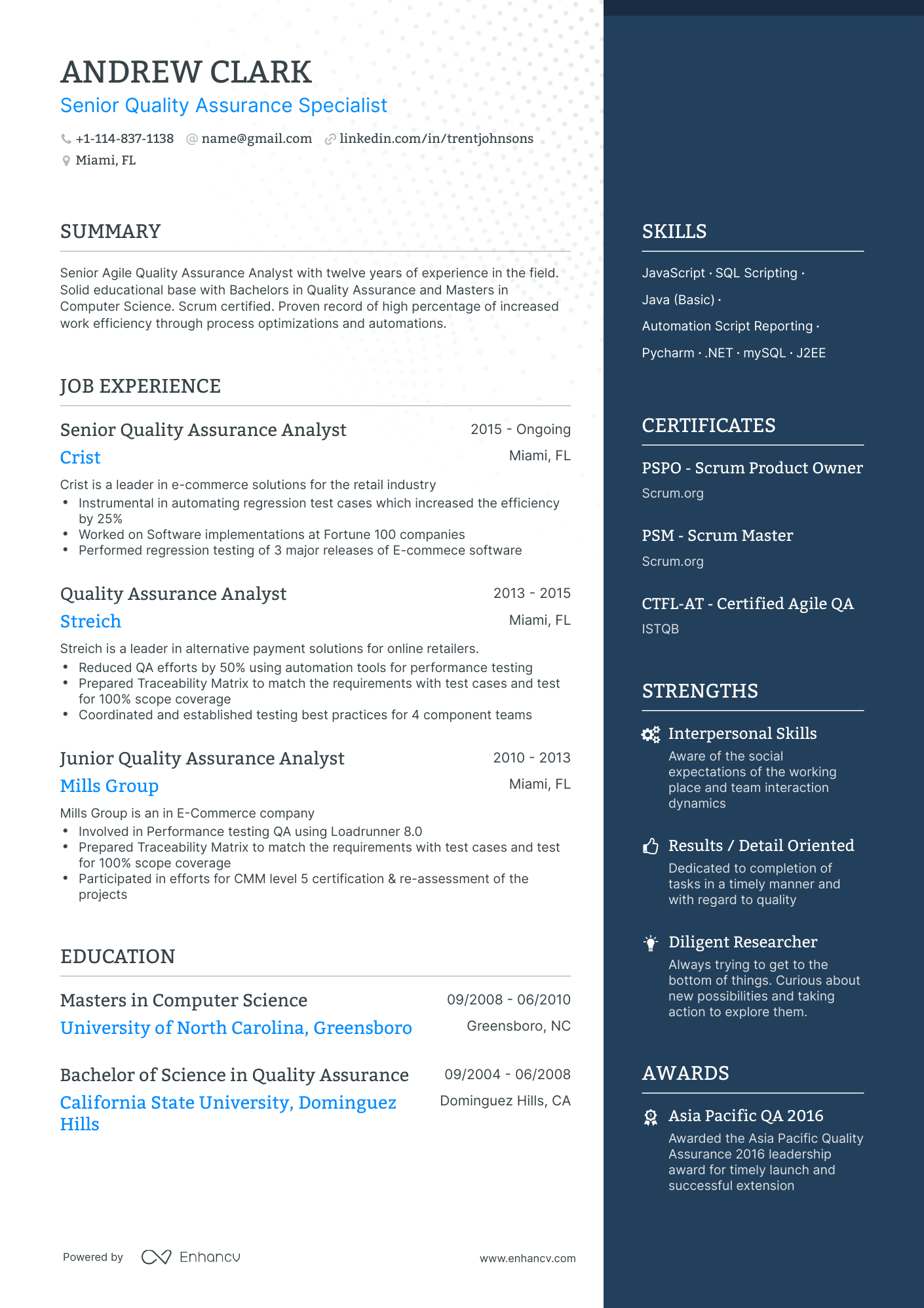 One Page QA Analyst Resume Template