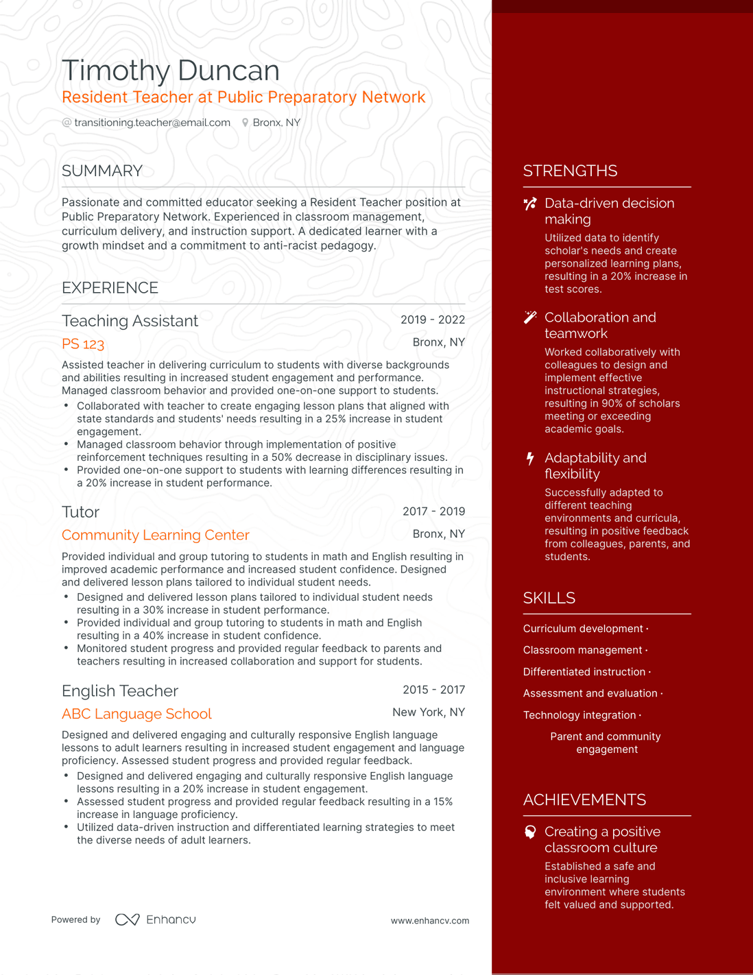 One Page Transitioning Teacher Resume Template