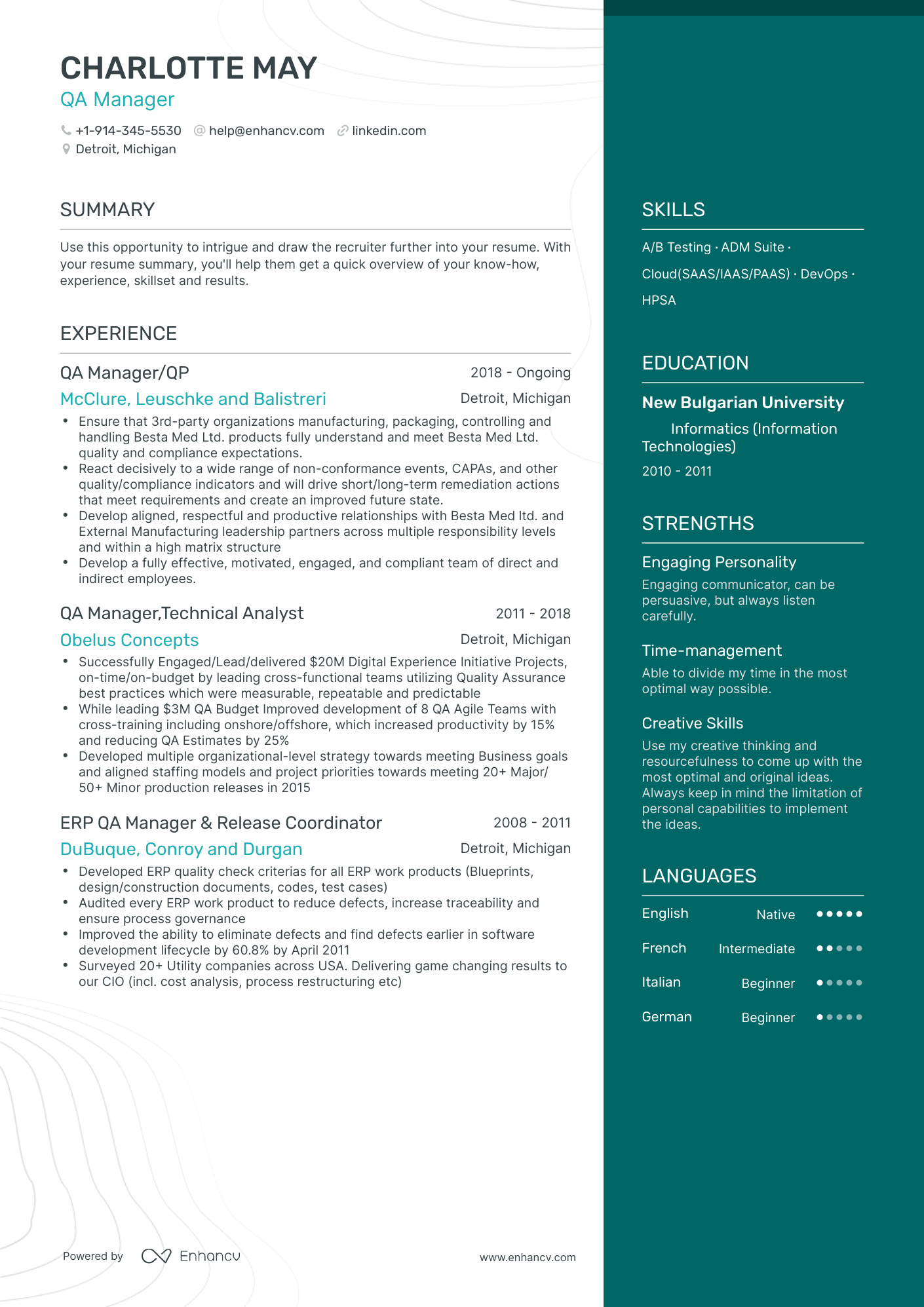 One Page QA Manager Resume Template