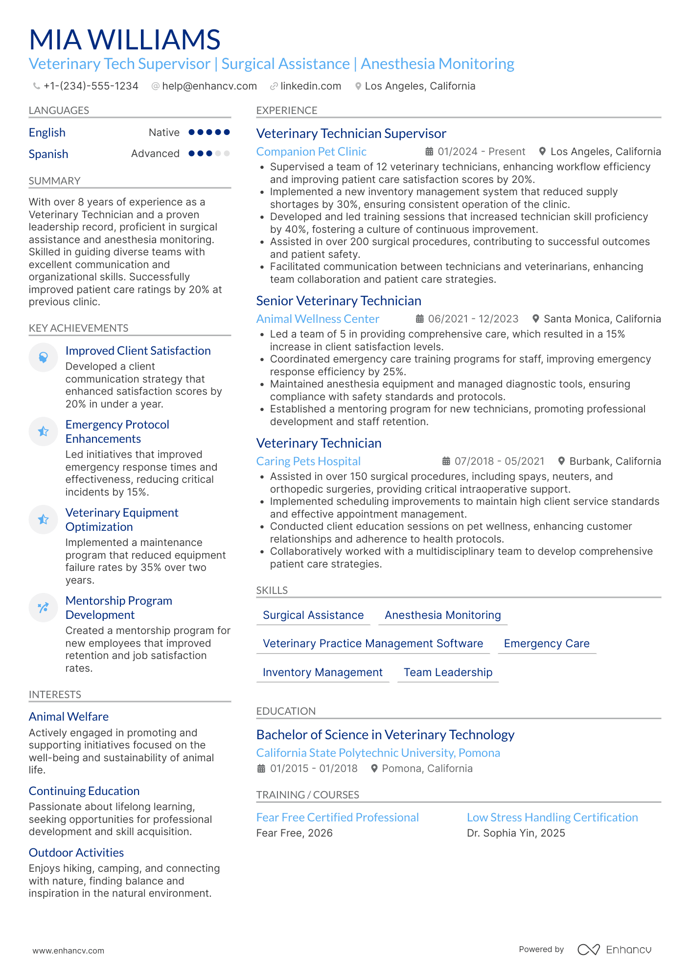 A resume example of a Veterinary Technician Supervisor