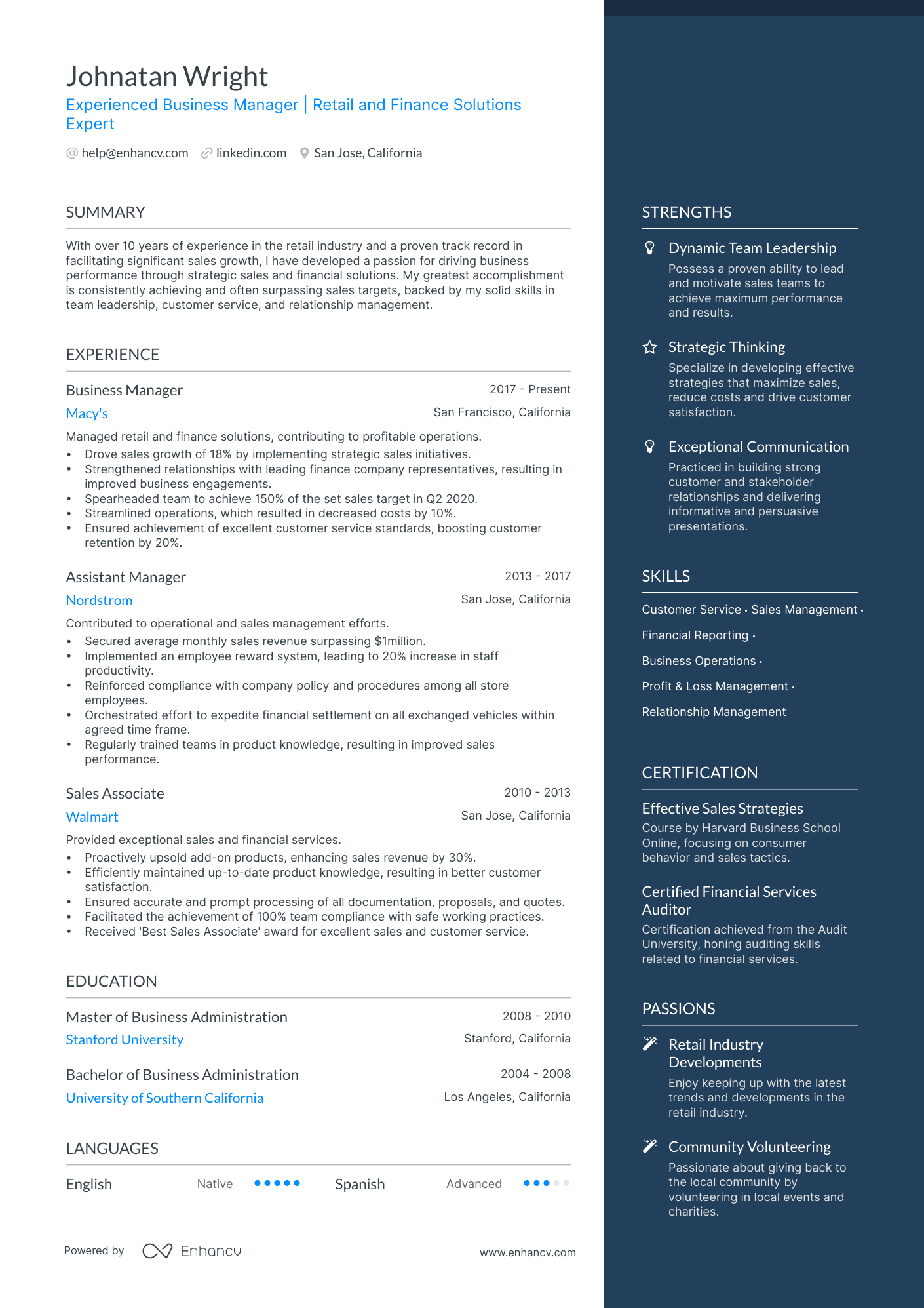 resume examples business management