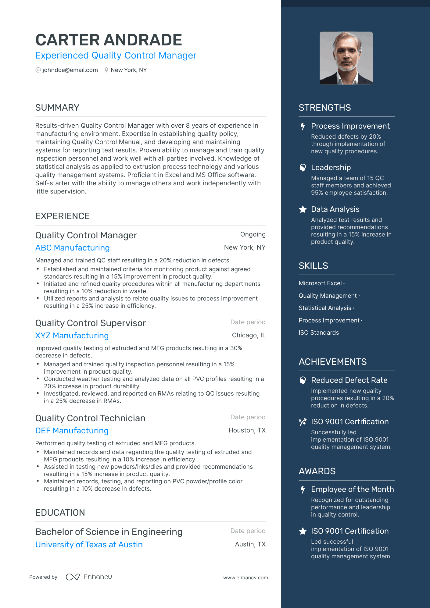 One Page Quality Control Manager Resume Template
