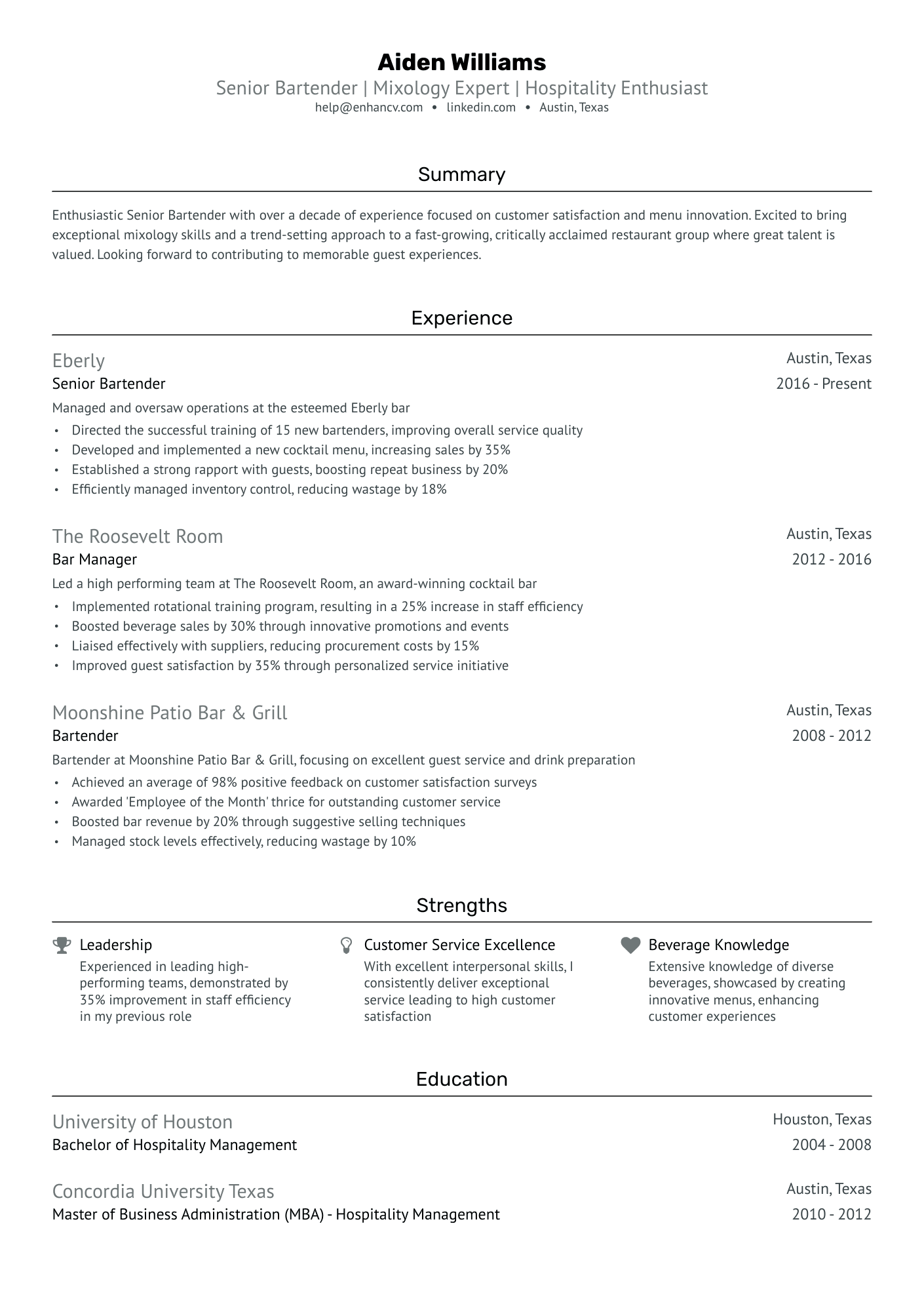 resume summary examples for bartender