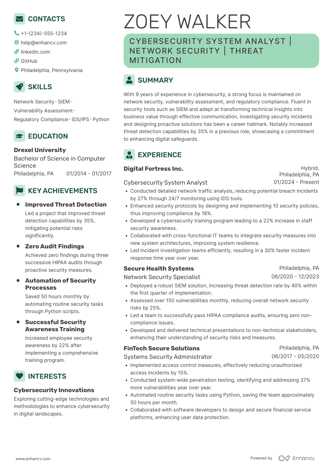 A resume example of a Cybersecurity System Analyst