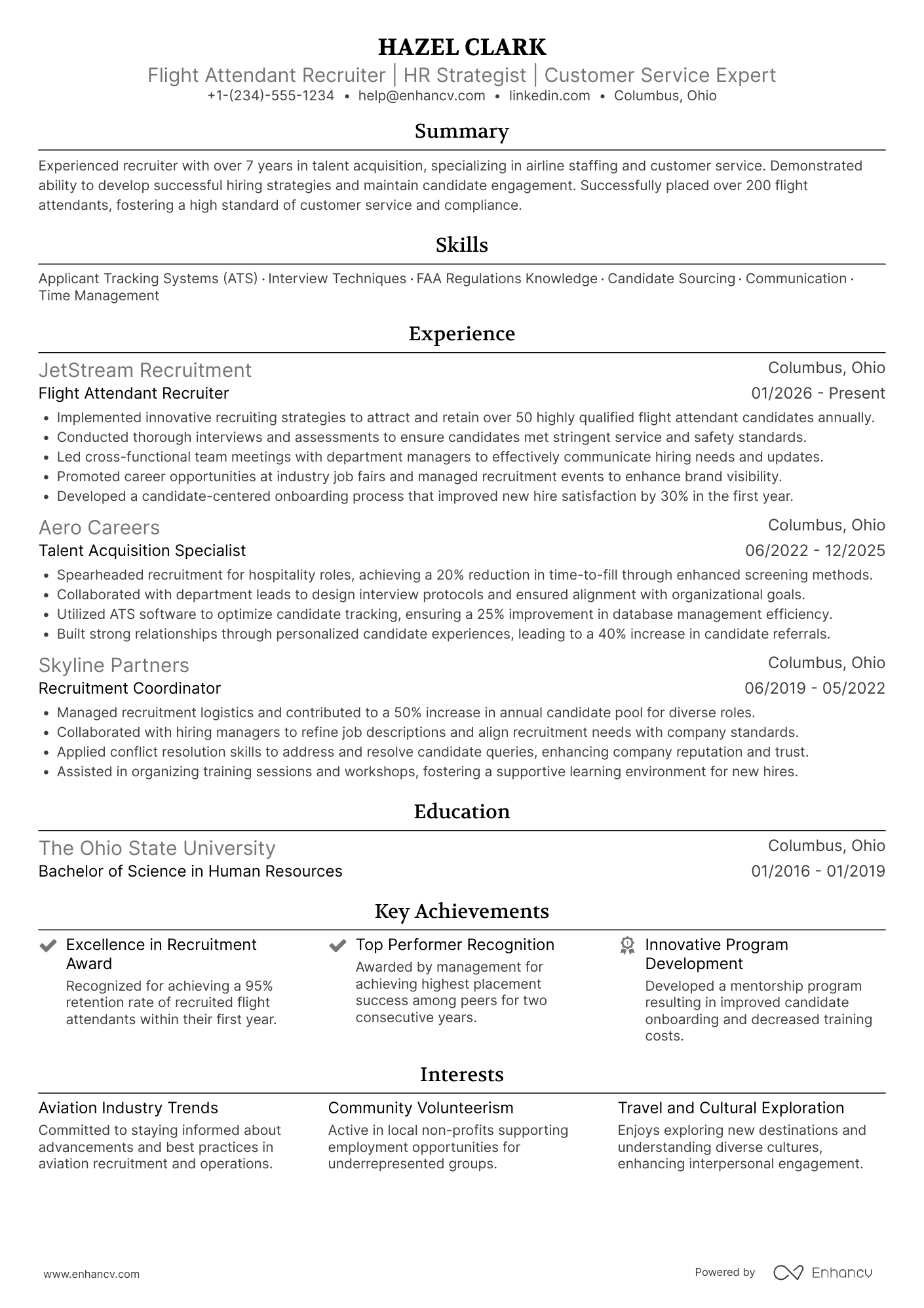 A resume example of a Flight Attendant Recruiter
