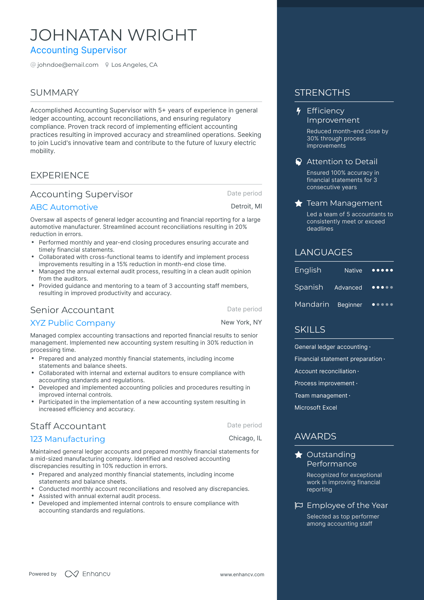 One Page Accounting Supervisor Resume Template