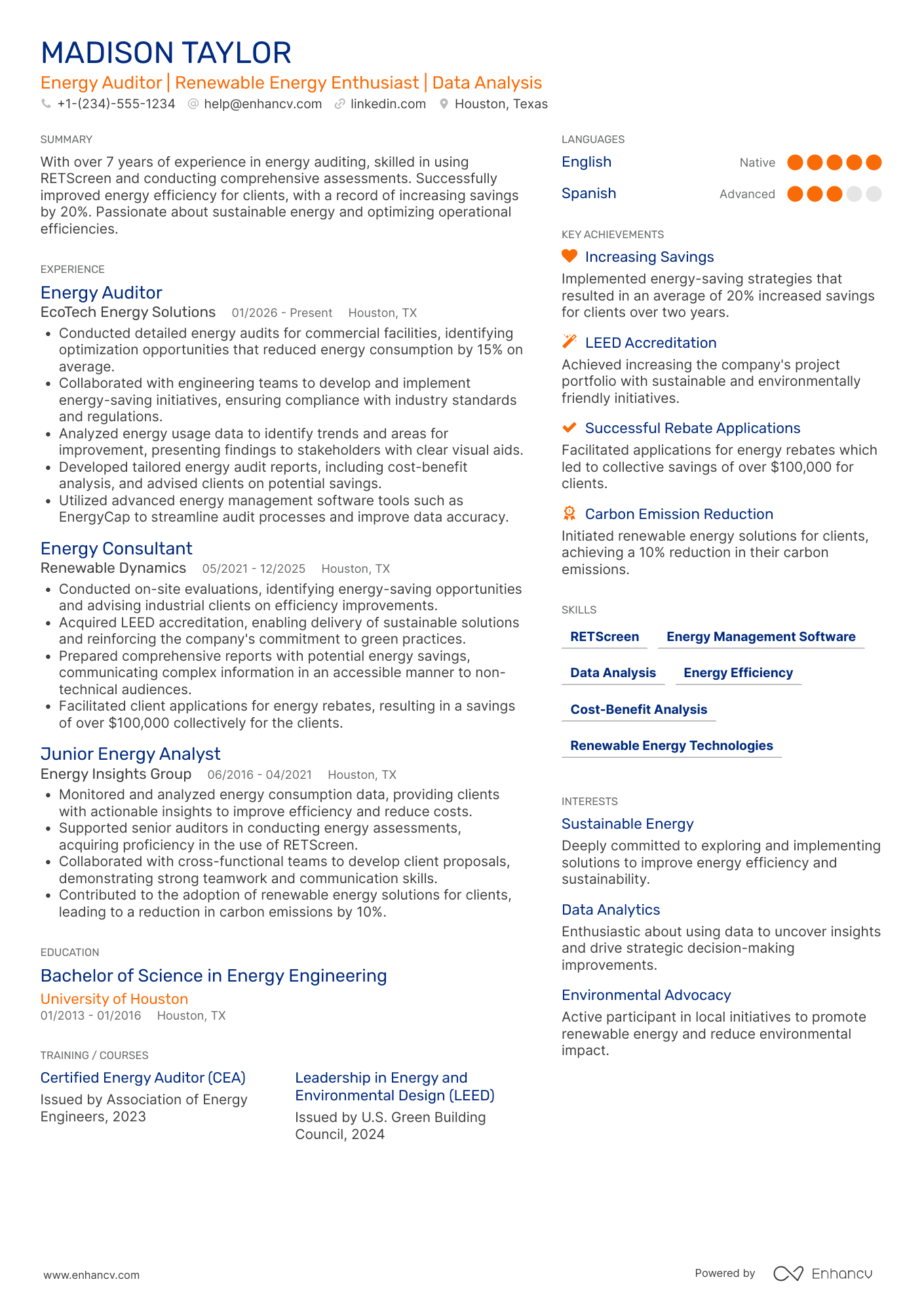 A resume example of a Energy Auditor