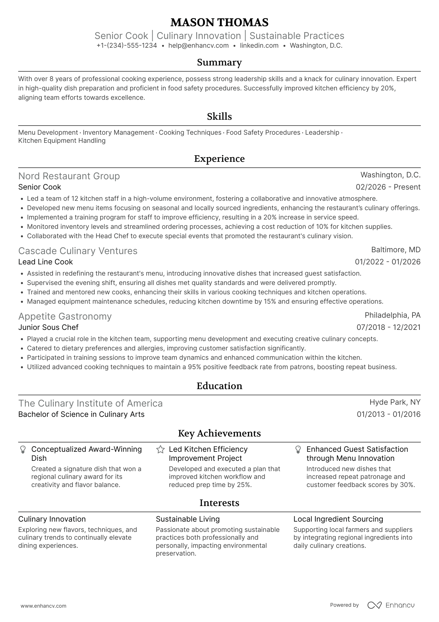 A resume example of a Senior Cook