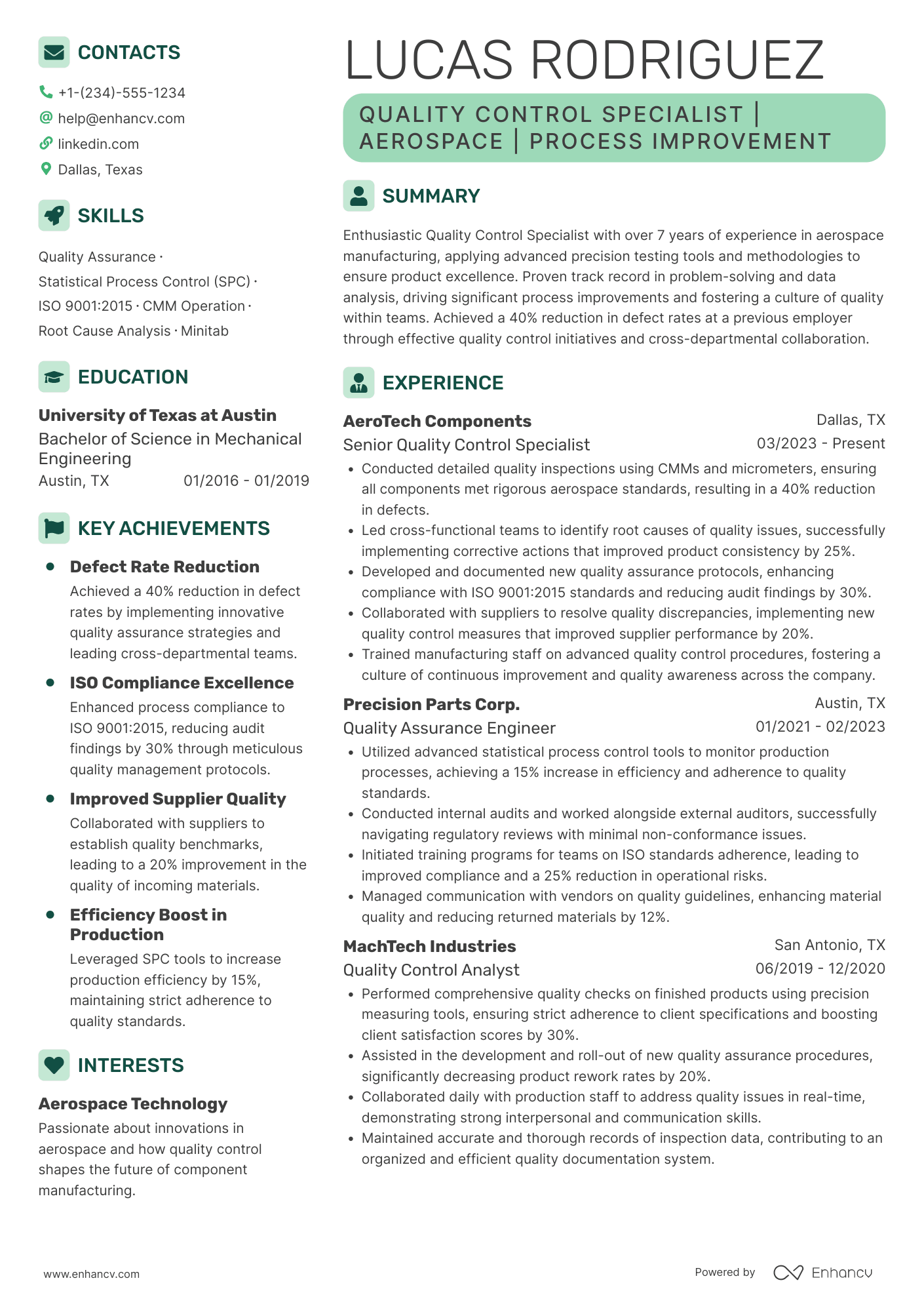 A resume example of a Quality Control Specialist