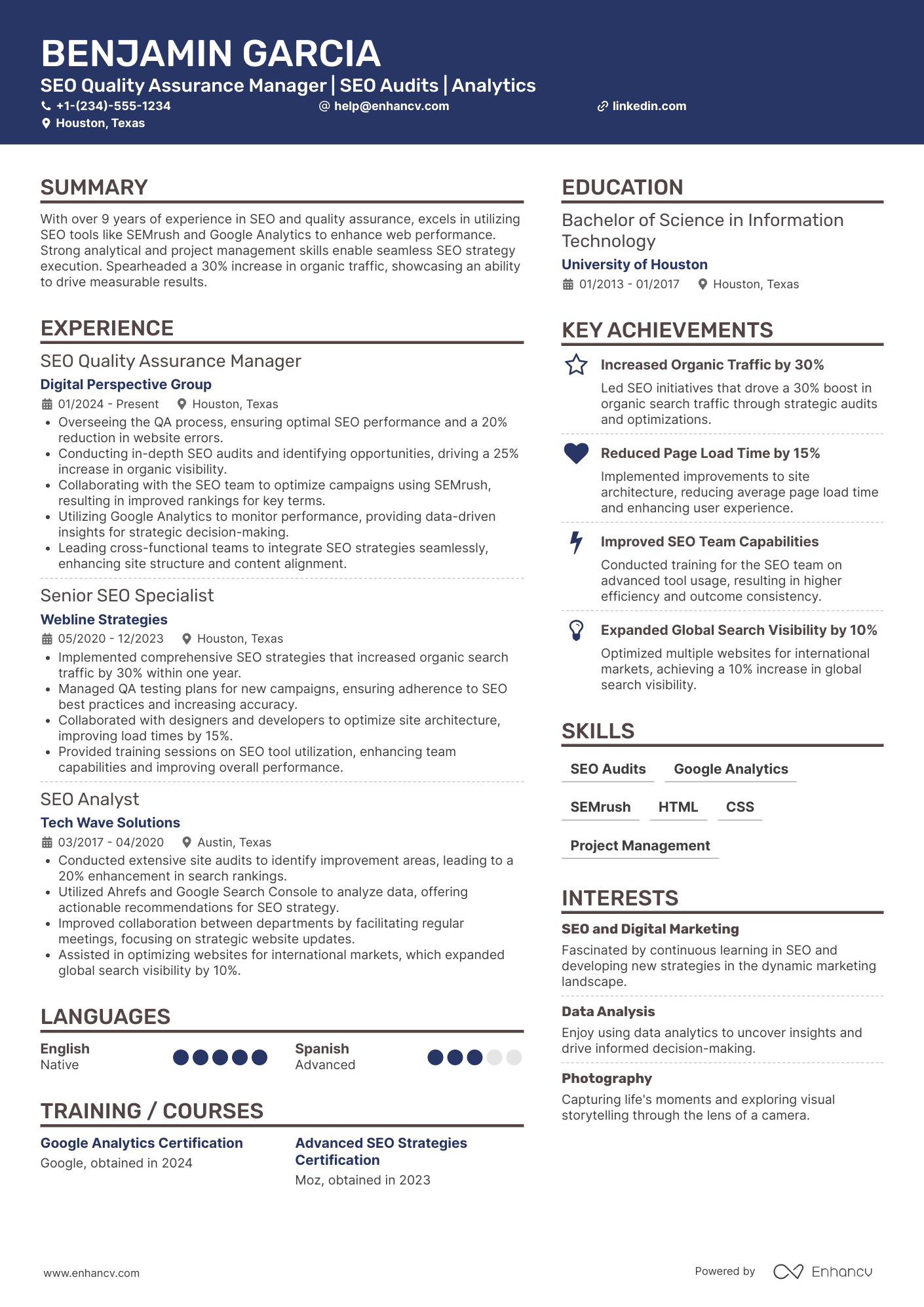 A resume example of a SEO Quality Assurance Manager