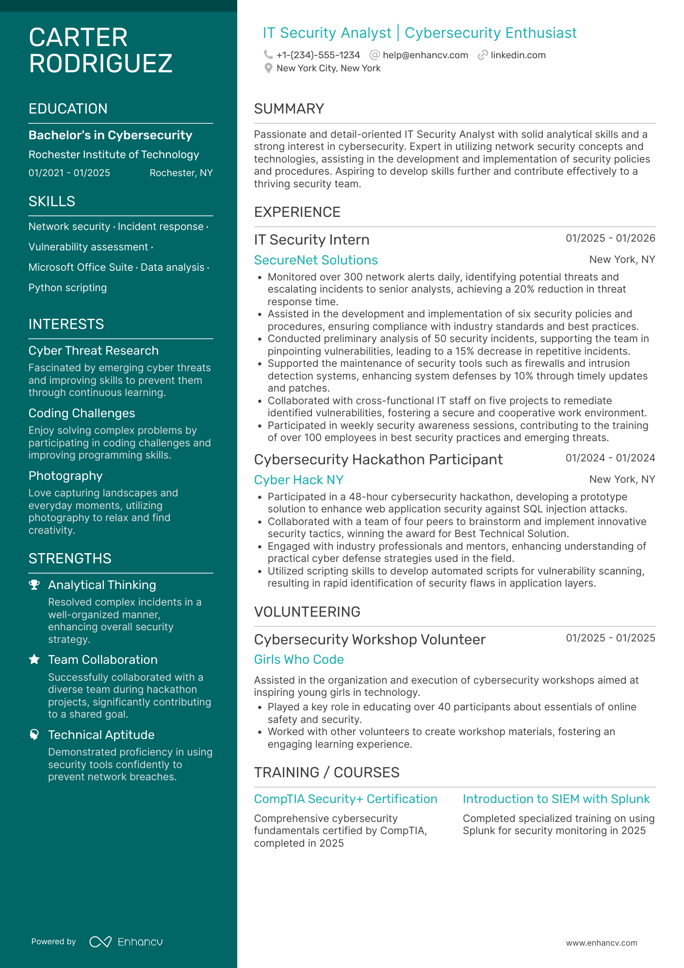 A resume example of a Entry Level IT Security Analyst
