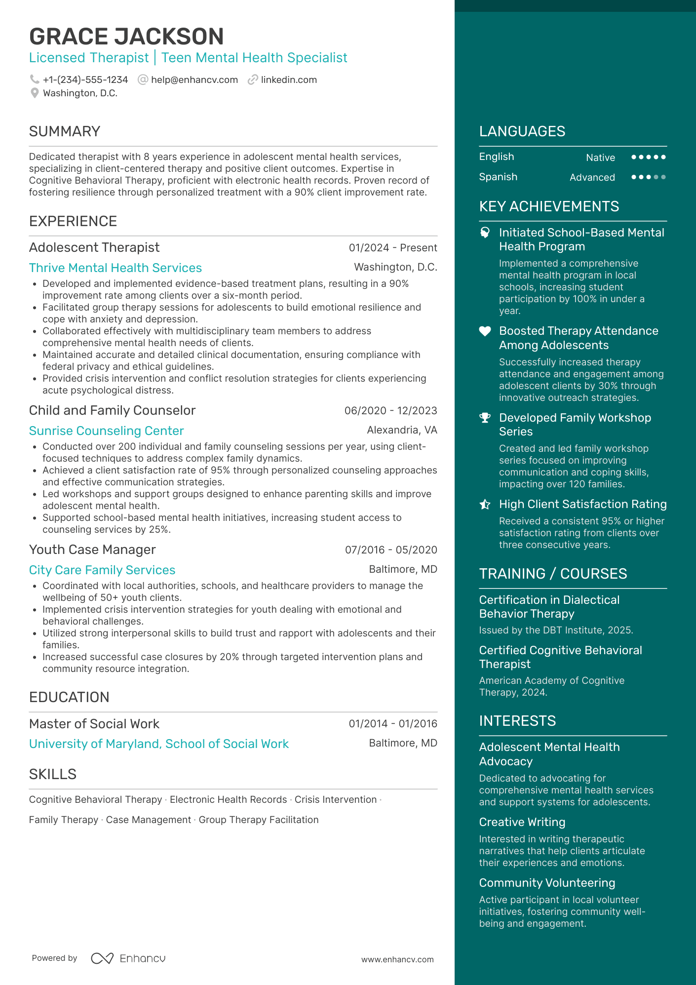 A resume example of a Adolescent Therapist