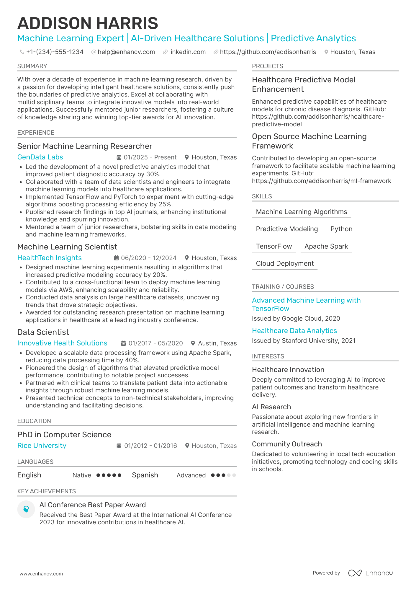 A resume example of a Machine Learning Researcher