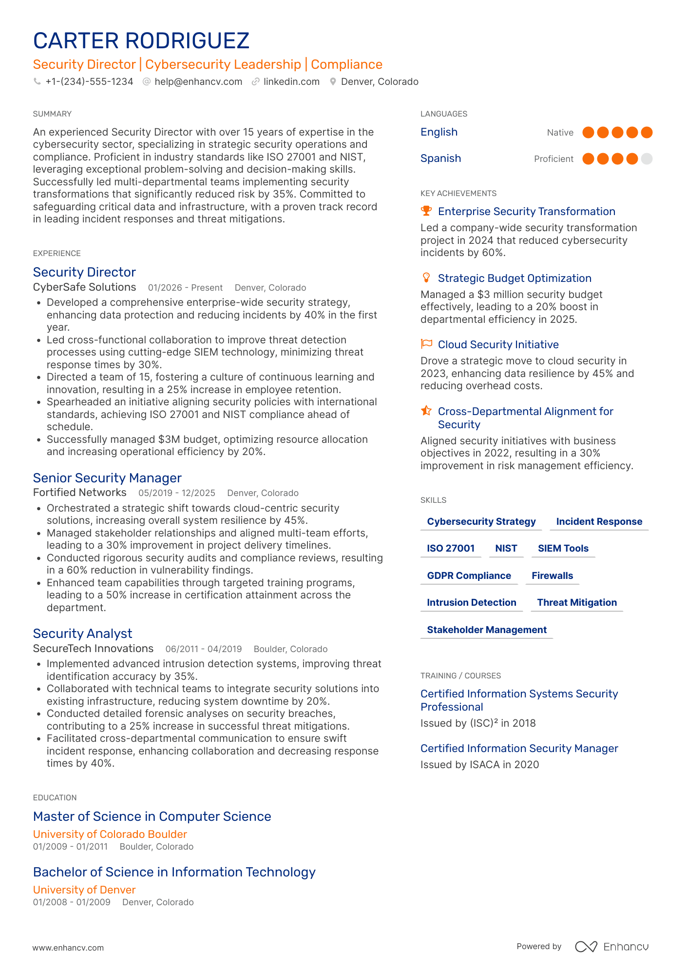 A resume example of a Security Director