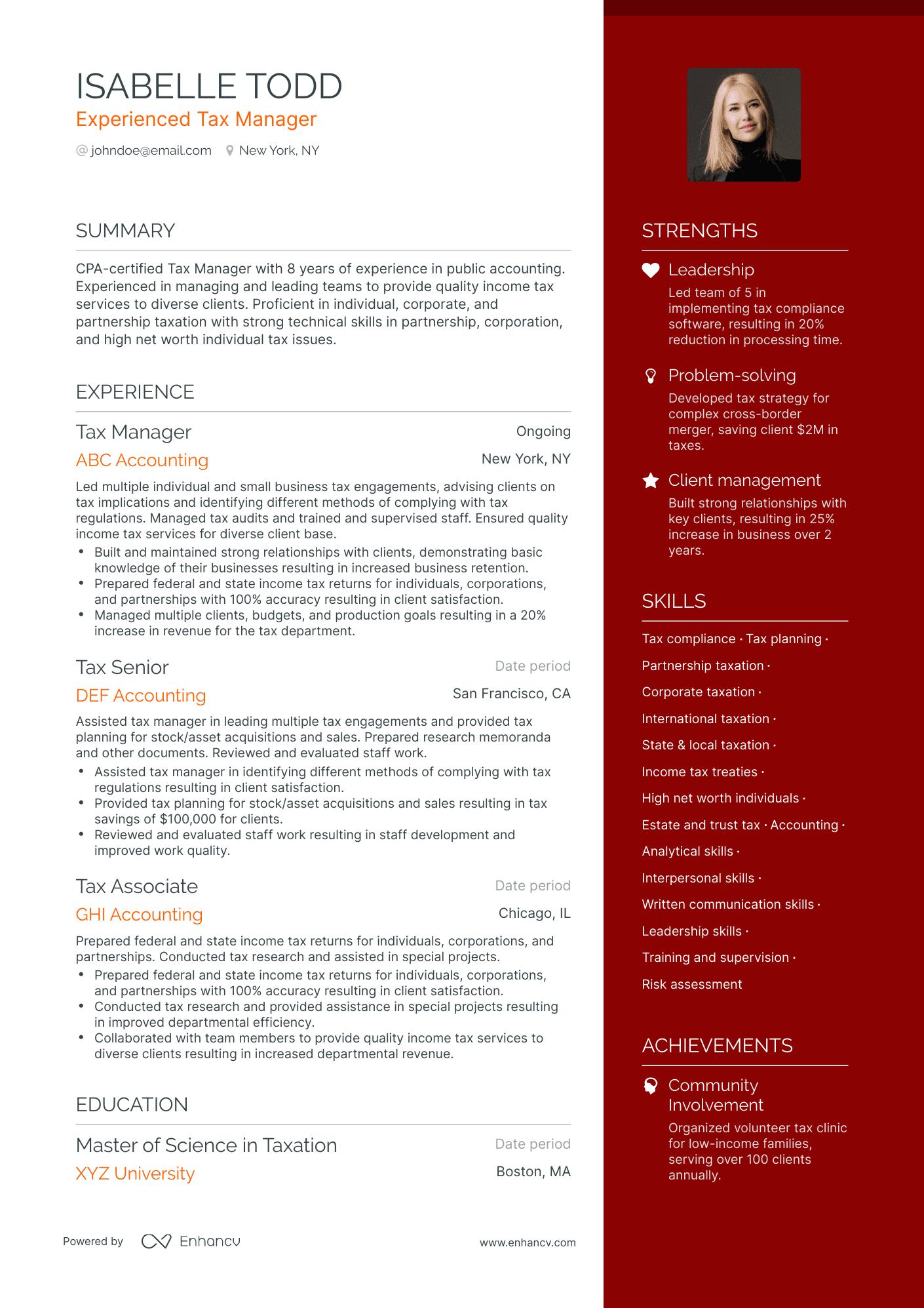 One Page Tax Manager Resume Template