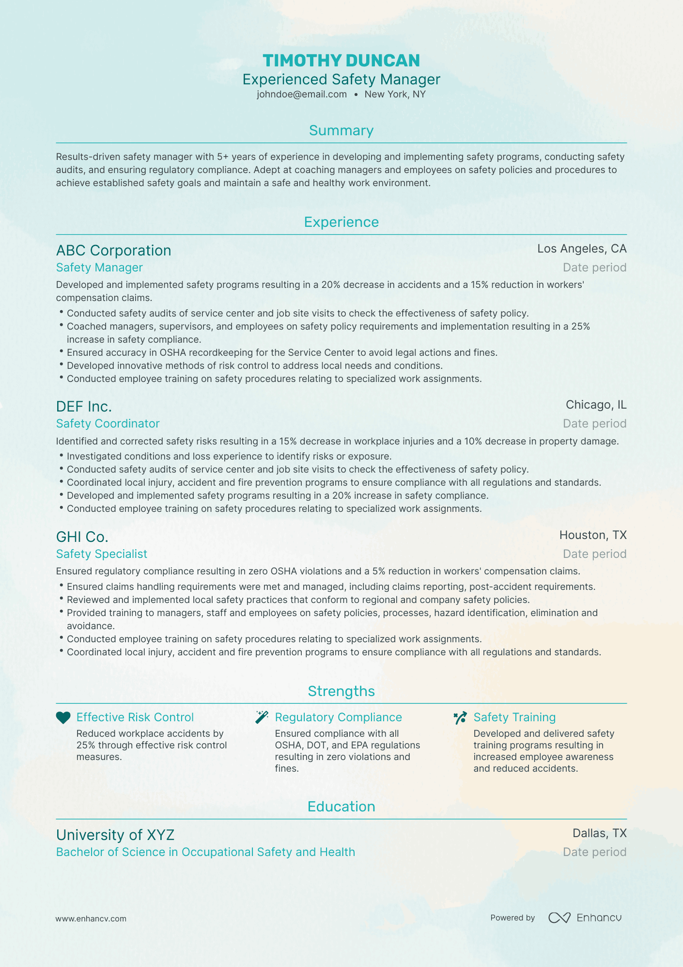 Traditional Safety Manager Resume Template