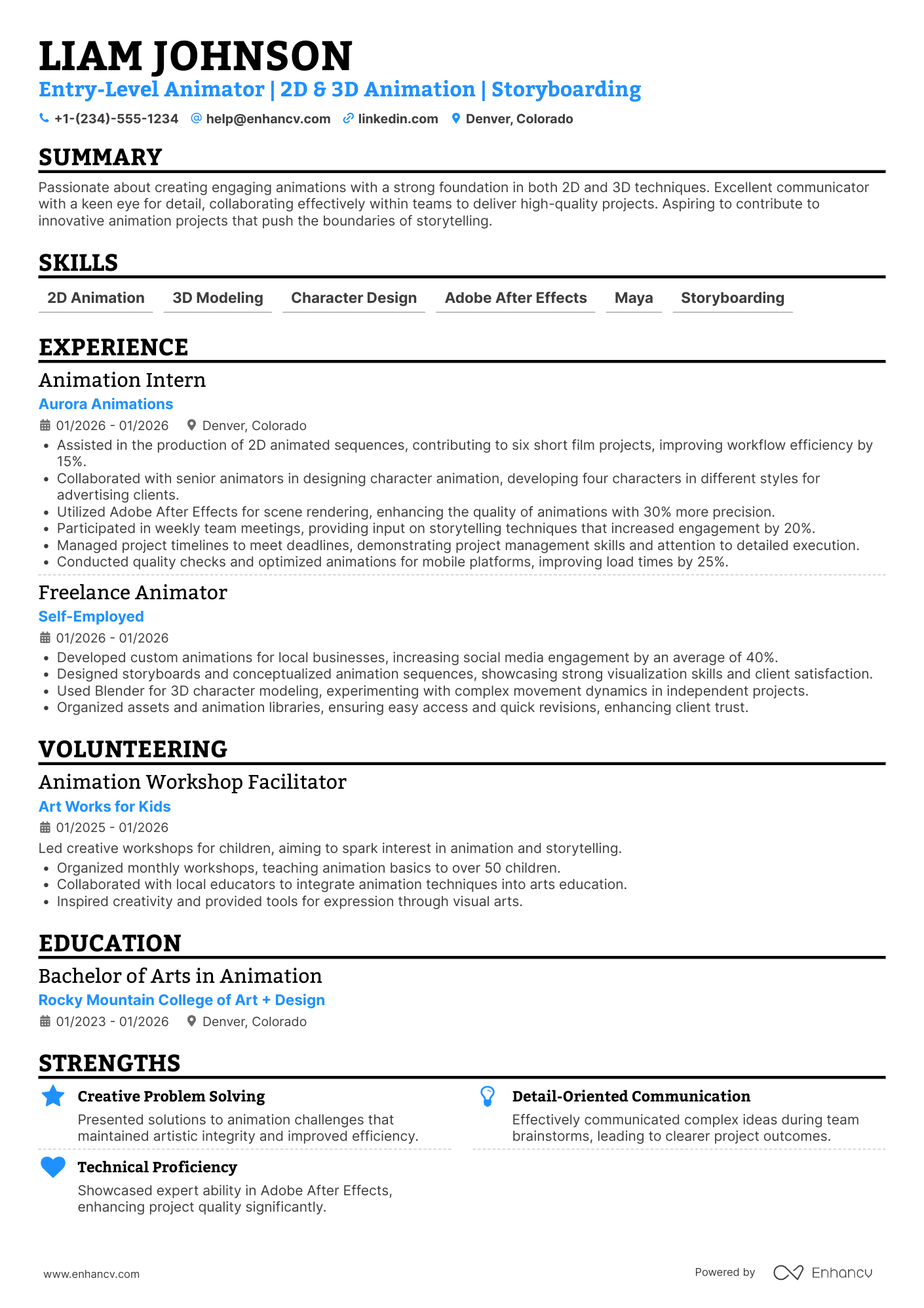 A resume example of a Entry Level Animator