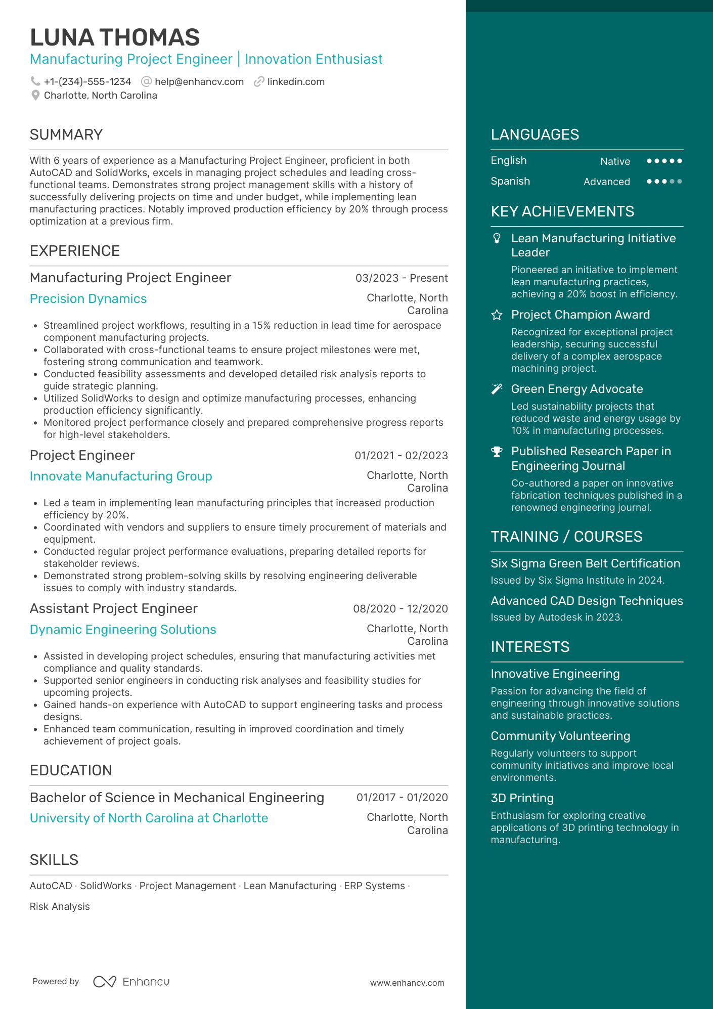 A resume example of a Manufacturing Project Engineer