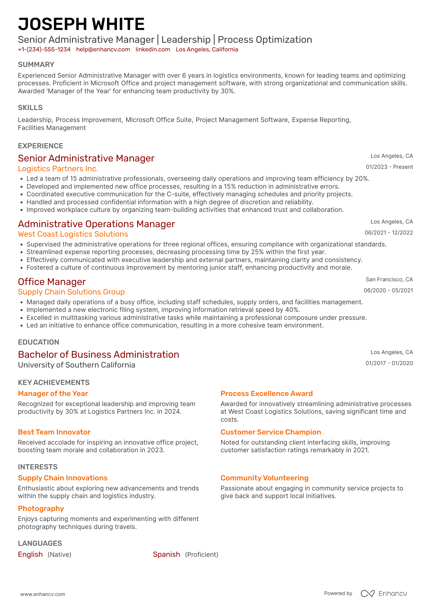 A resume example of a Senior Administrative Manager
