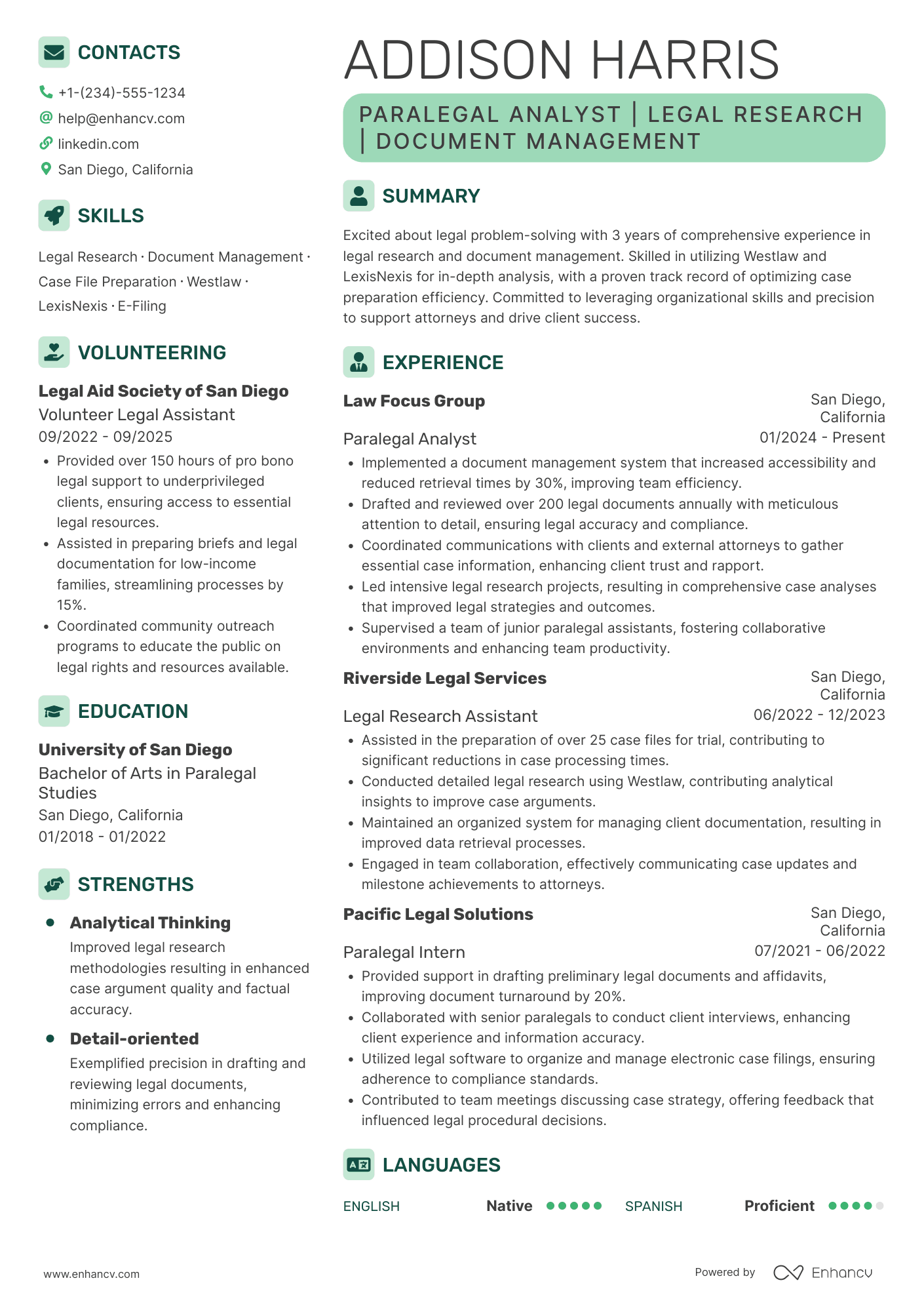 A resume example of a Paralegal Analyst